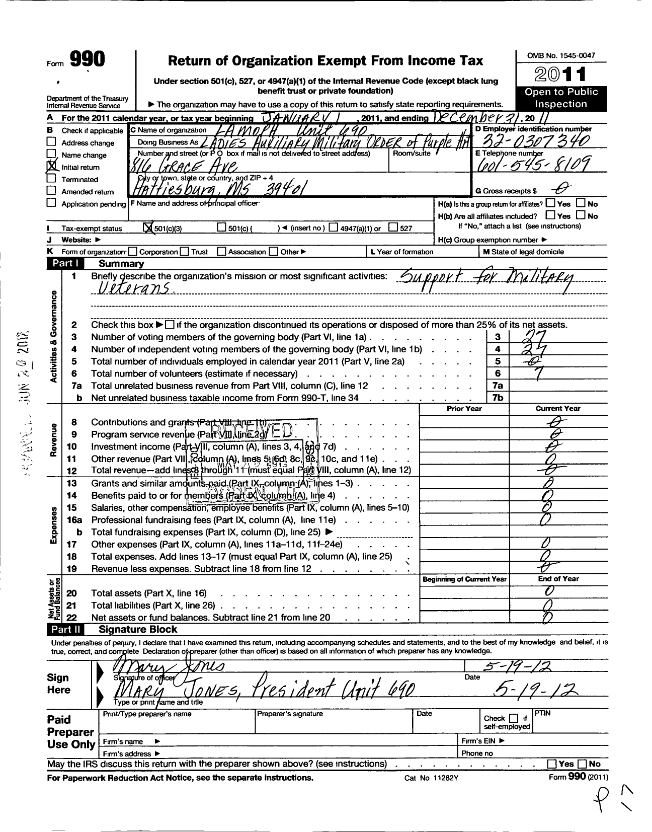 Image of first page of 2011 Form 990 for Military Order of the Purple Heart - Ladies Auxiliary Military Order Purple HRT
