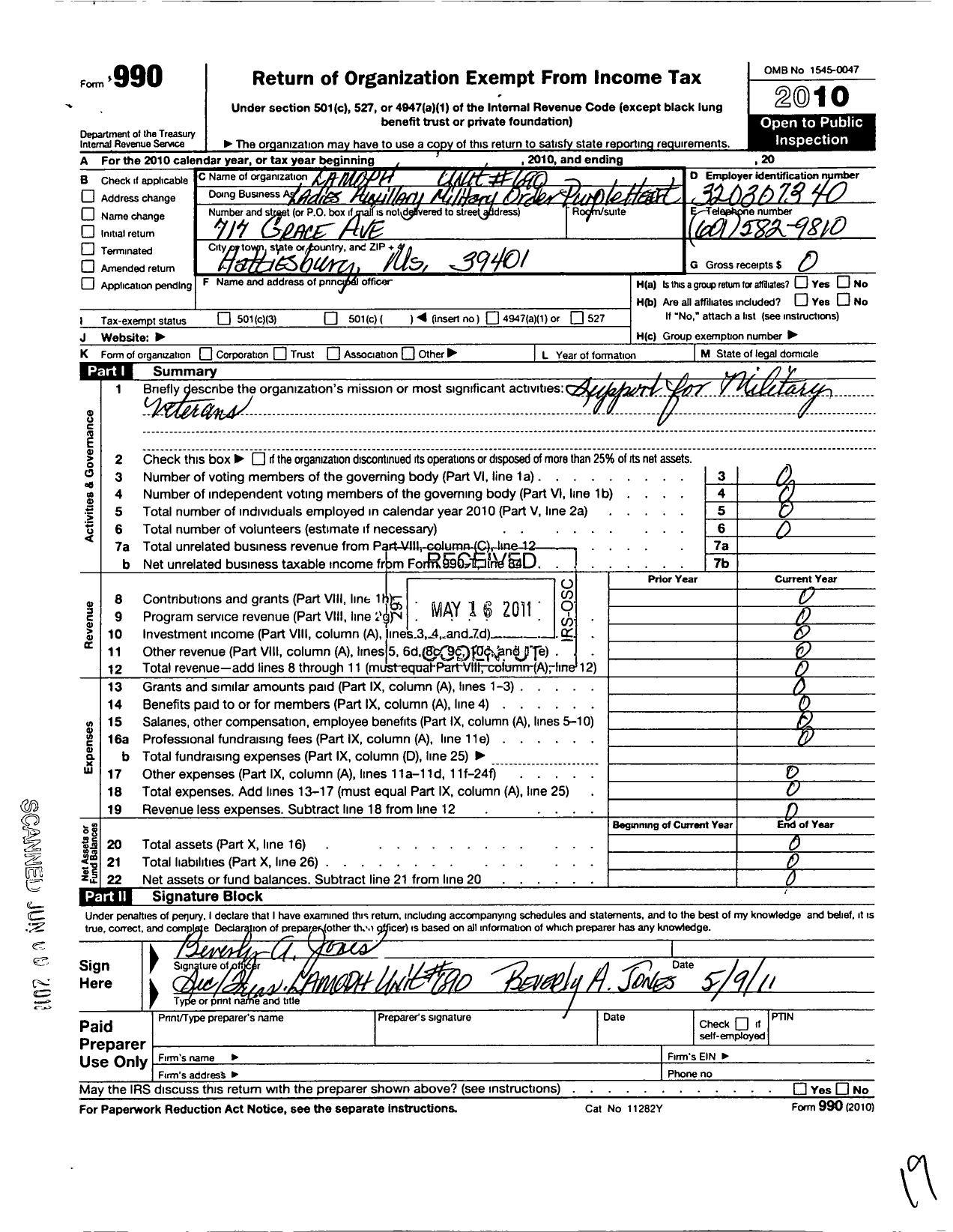 Image of first page of 2010 Form 990O for Military Order of the Purple Heart - Ladies Auxiliary Military Order Purple HRT