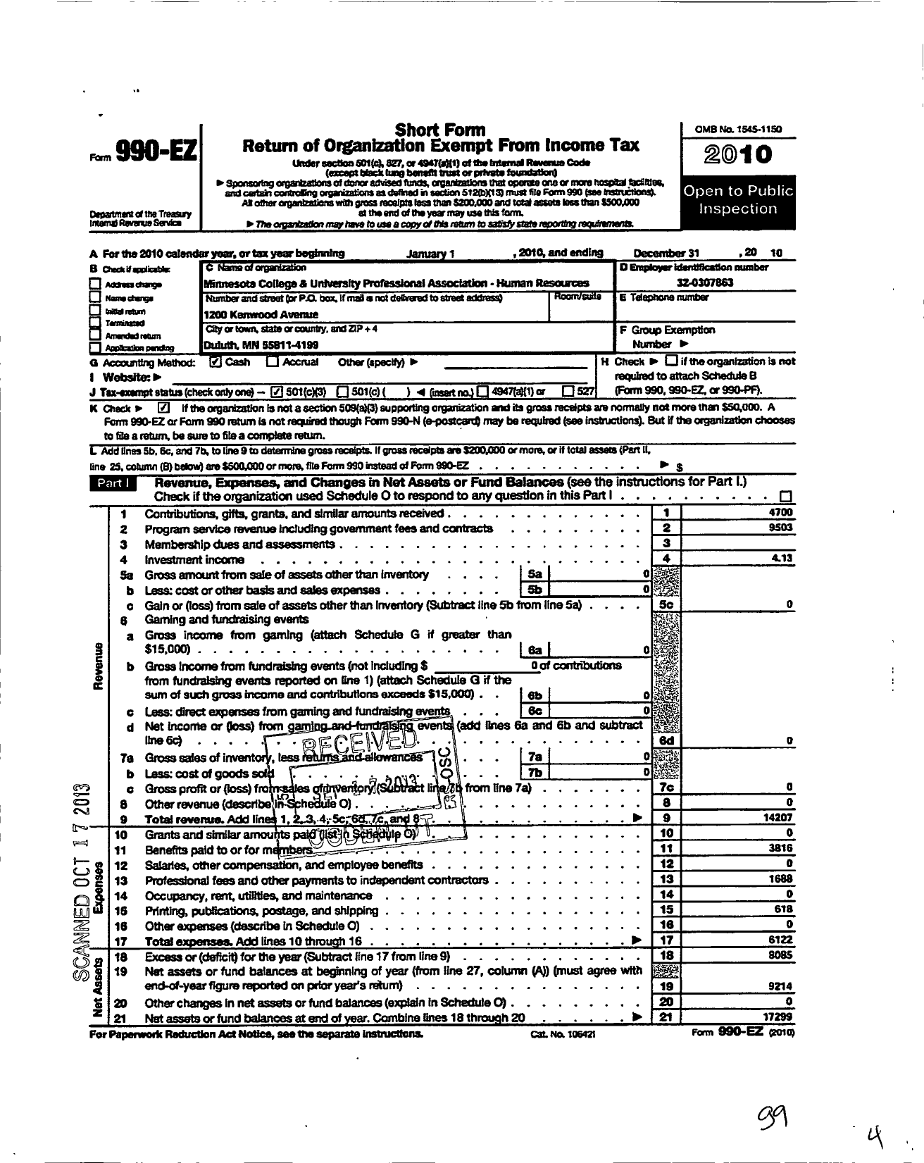 Image of first page of 2010 Form 990EZ for College and University Professional Association for Human Resources / Minnesota Chapter