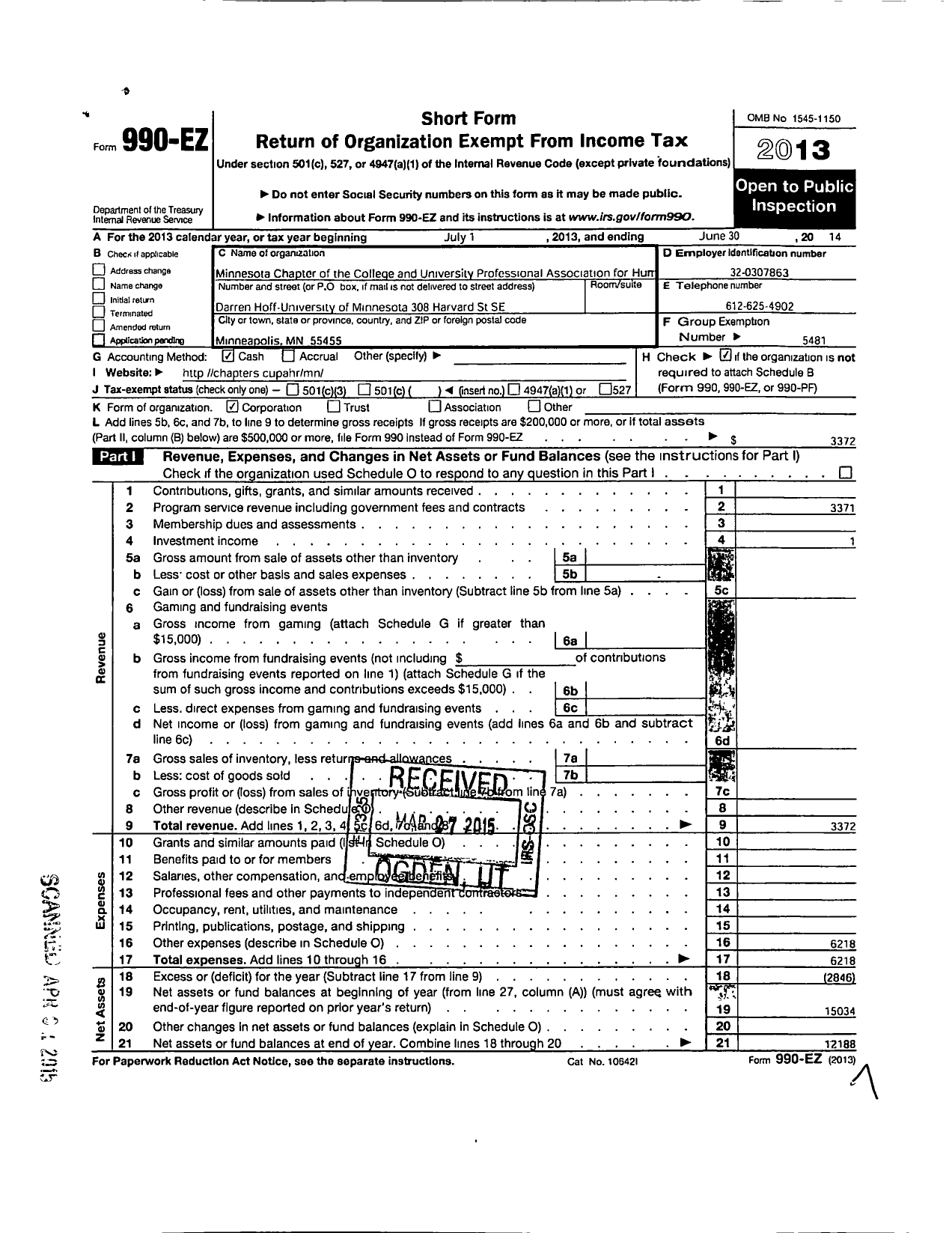 Image of first page of 2013 Form 990EO for College and University Professional Association for Human Resources / Minnesota Chapter