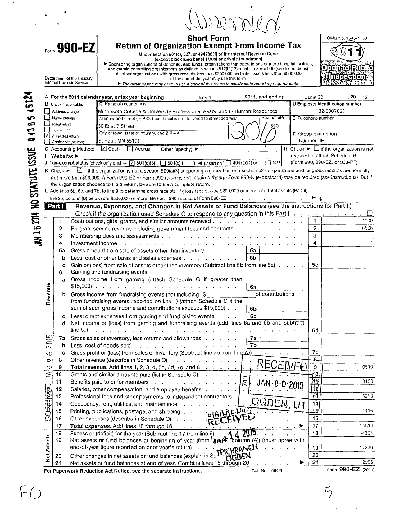 Image of first page of 2011 Form 990EZ for College and University Professional Association for Human Resources / Minnesota Chapter