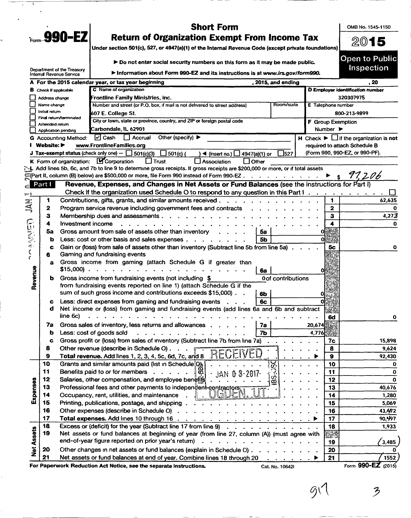 Image of first page of 2015 Form 990EO for Front Line Families