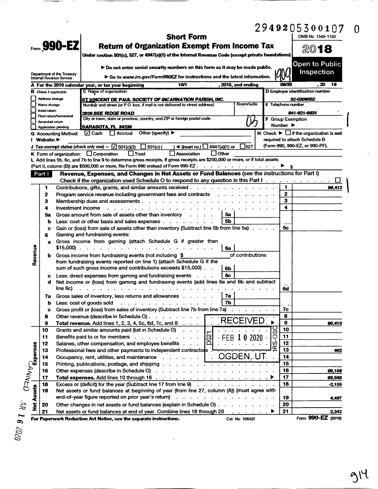 Image of first page of 2018 Form 990EZ for St Vincent de Paul Society of Incarnation Parish