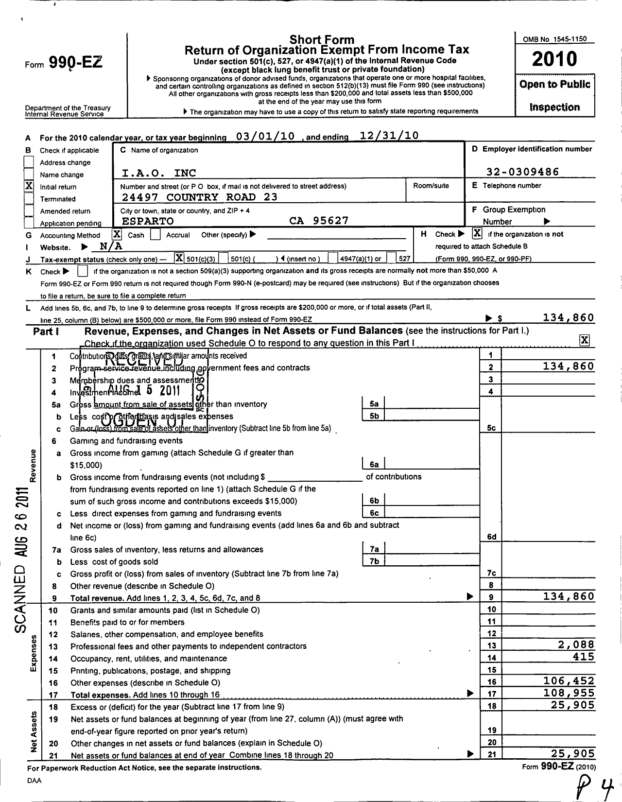 Image of first page of 2010 Form 990EZ for International Alpaca Odyssey