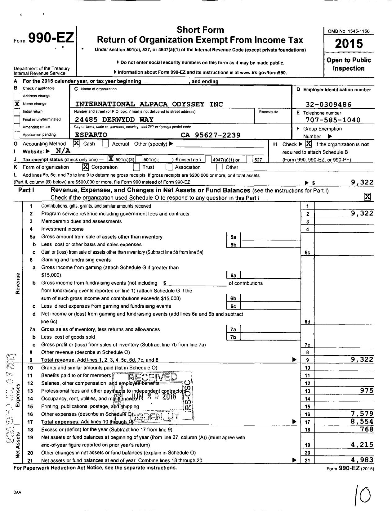 Image of first page of 2015 Form 990EZ for International Alpaca Odyssey