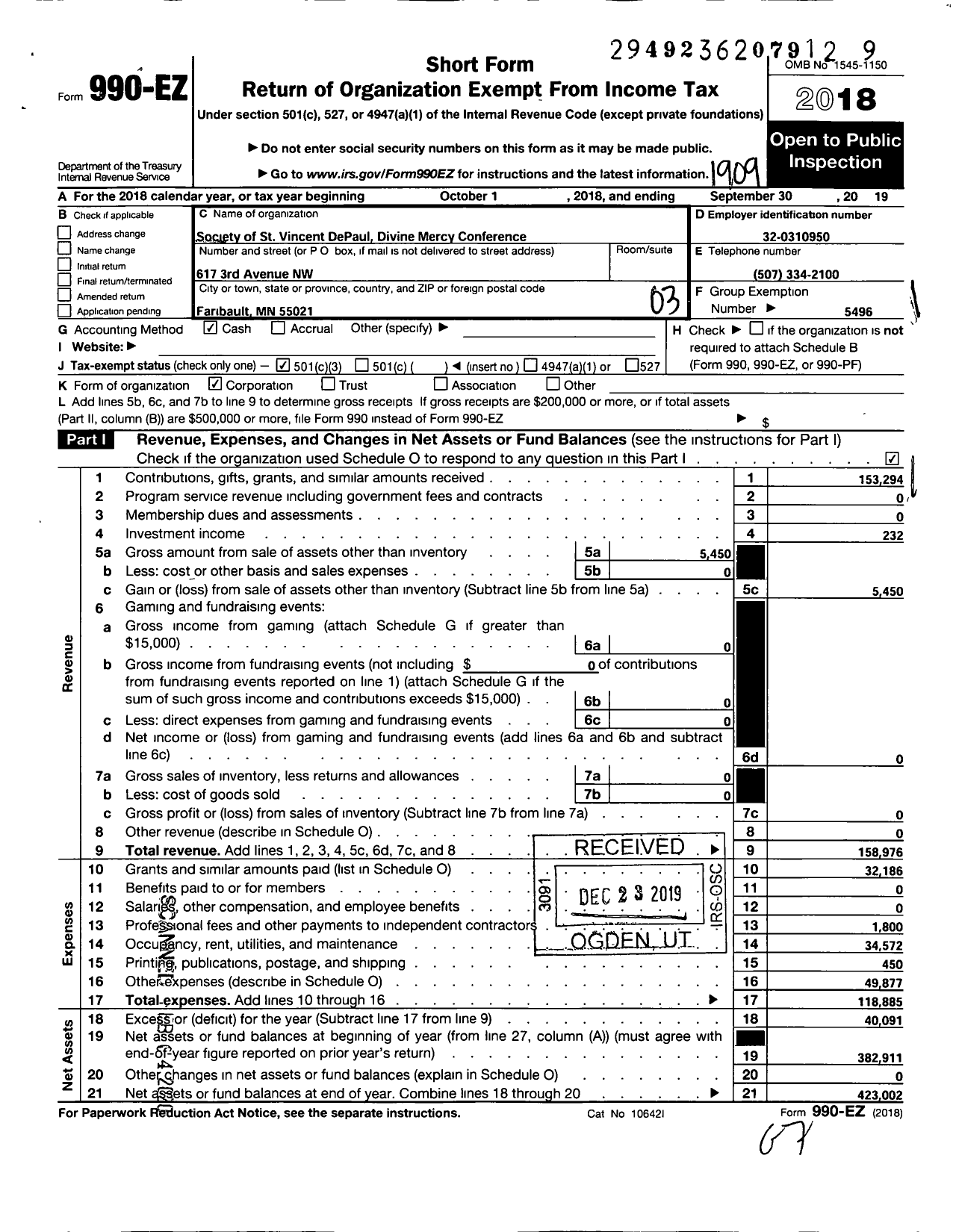 Image of first page of 2018 Form 990EZ for Society of ST. Vincent de Paul - Society of Saint Vincent de Paul Divine Mercy Conference