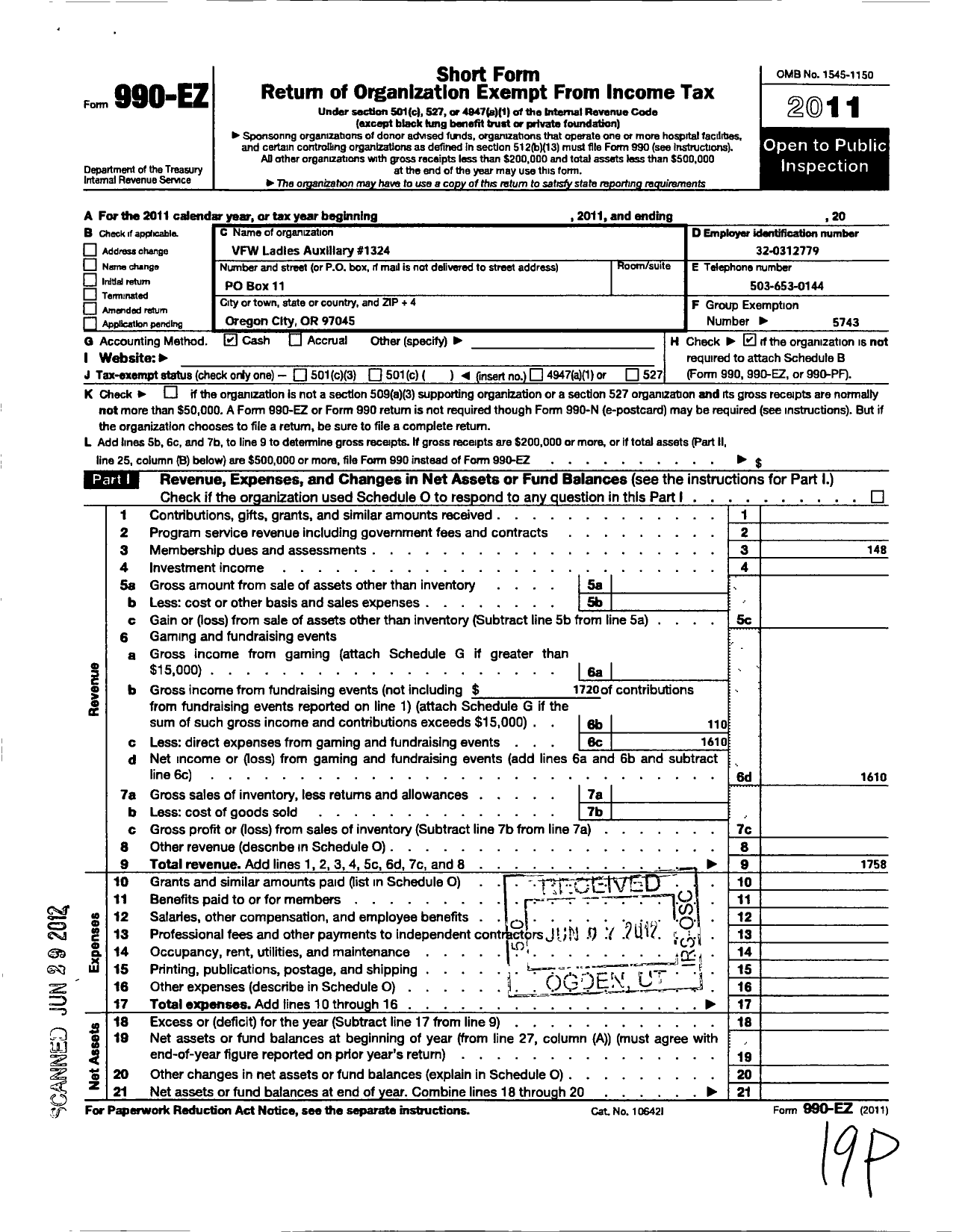 Image of first page of 2011 Form 990EO for Veterans of Foreign Wars of the United States Department of Oregon - 1324 Three Rivers Auxiliary