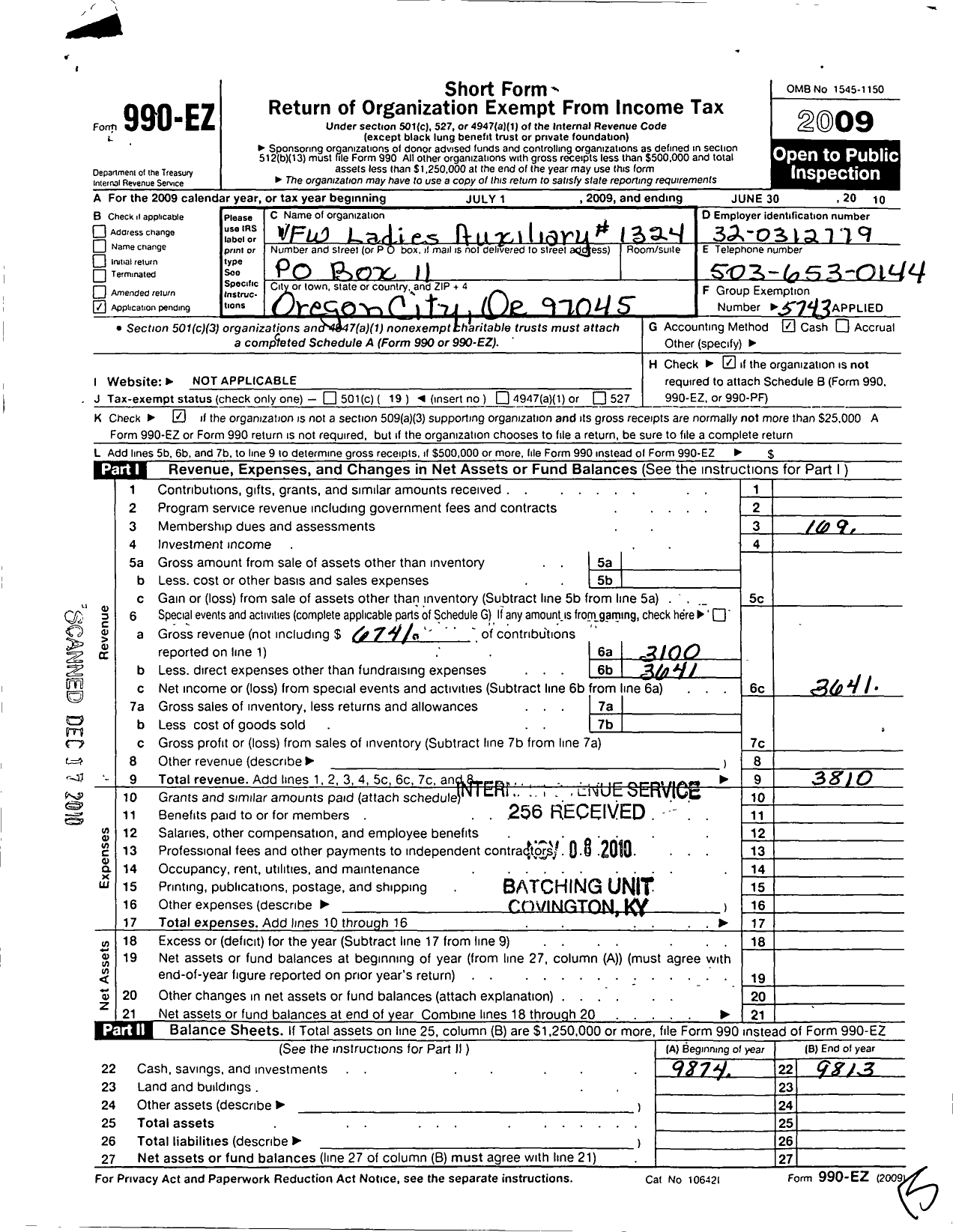 Image of first page of 2009 Form 990EO for Veterans of Foreign Wars of the United States Department of Oregon - 1324 Three Rivers Auxiliary