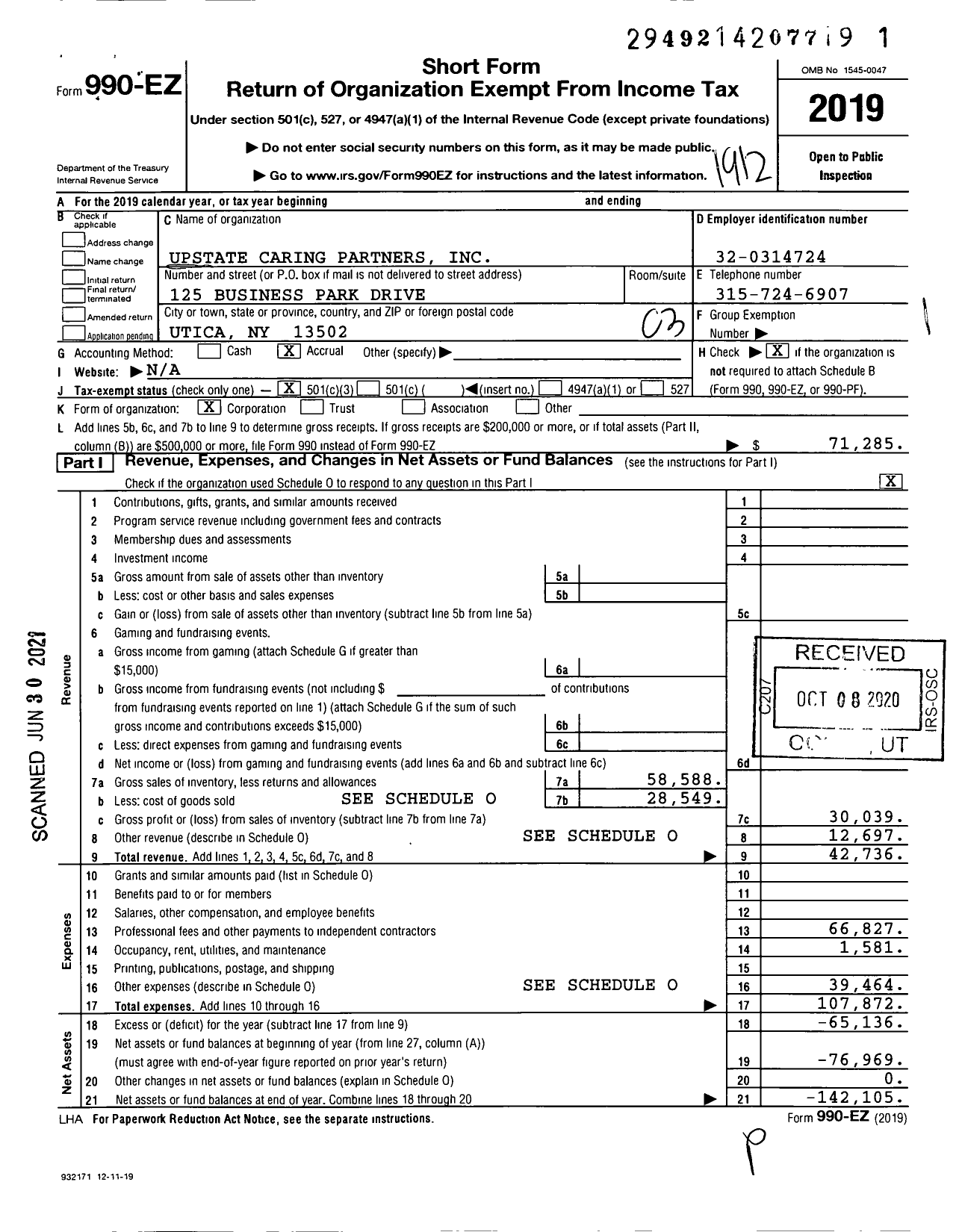 Image of first page of 2019 Form 990EZ for Upstate Caring Partners Holding Company