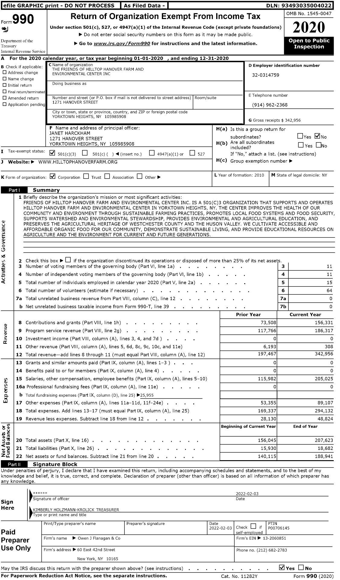 Image of first page of 2020 Form 990 for The Friends of Hilltop Hanover Farm and Environmental Center