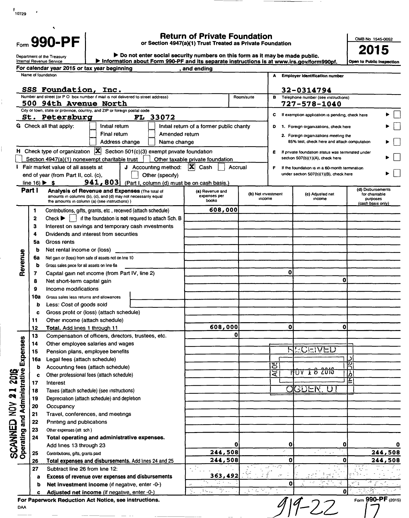 Image of first page of 2015 Form 990PF for SSS Foundation