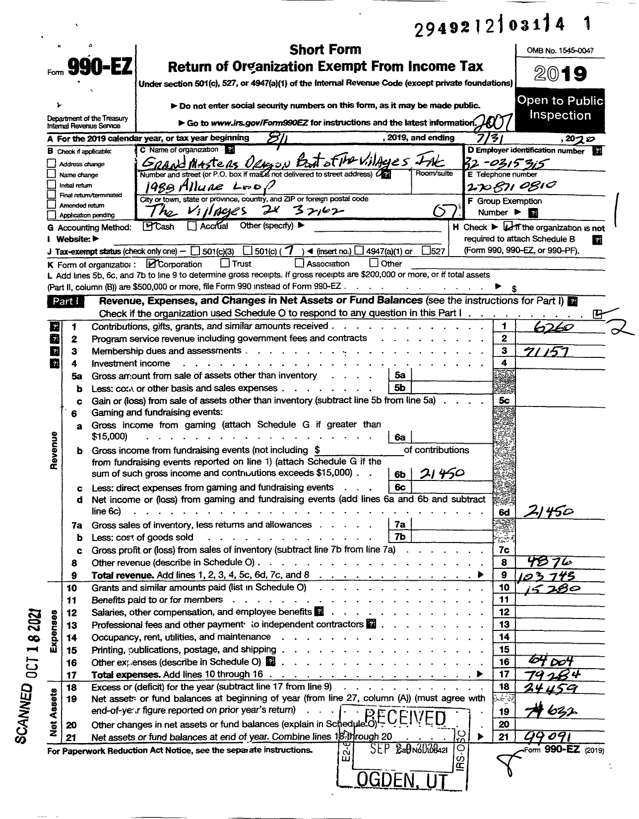 Image of first page of 2019 Form 990EO for Grand Masters Dragon Boat Club of the