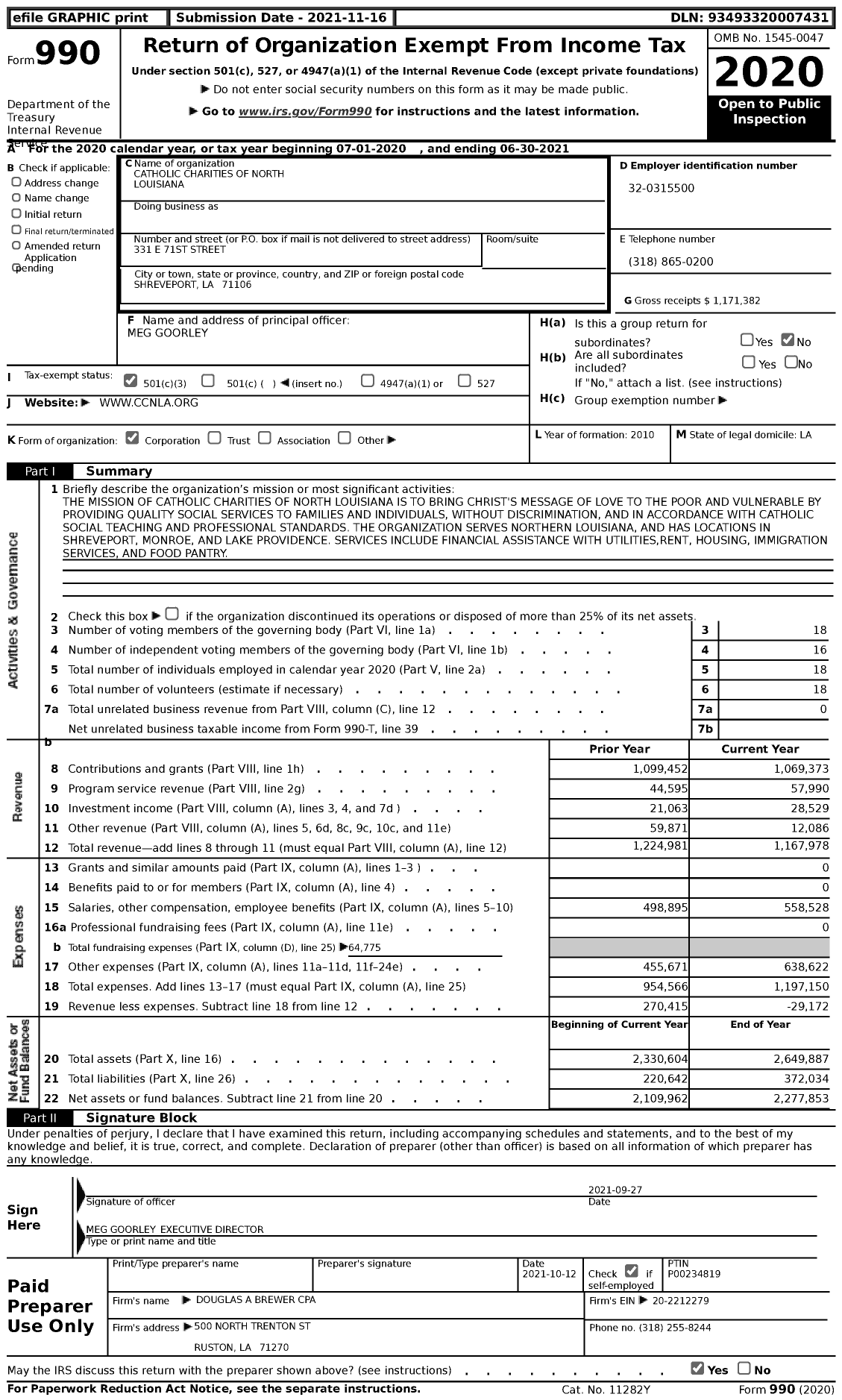 Image of first page of 2020 Form 990 for Catholic Charities of North Louisiana