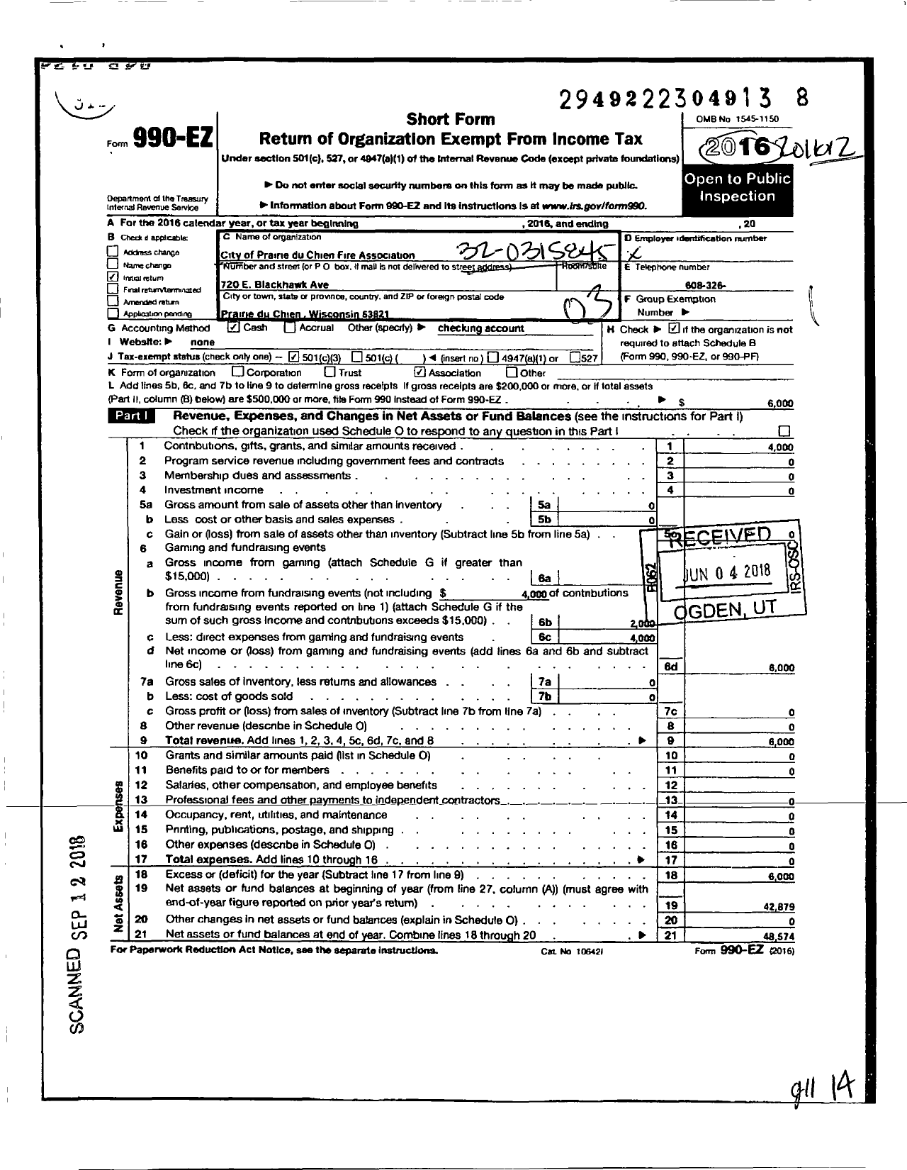 Image of first page of 2016 Form 990EZ for City of Prairie Du Chien Fire Association