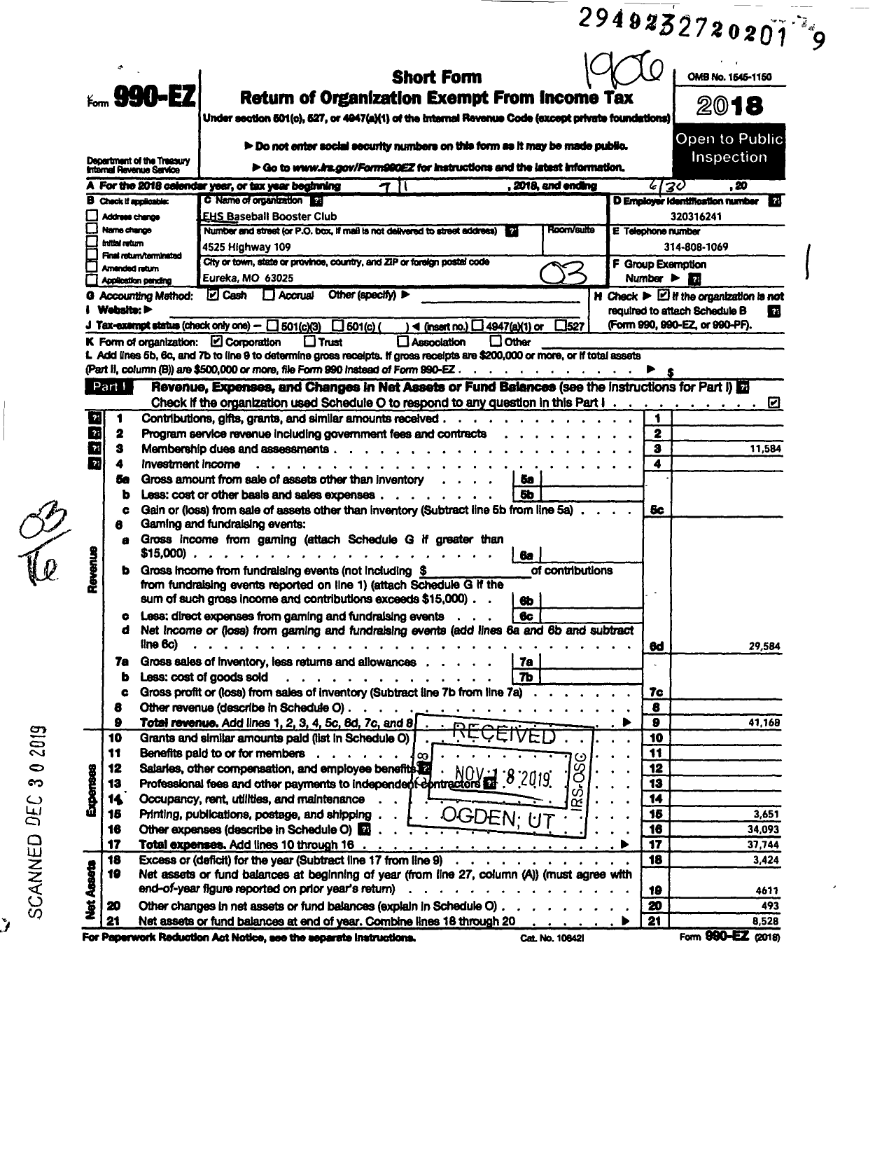 Image of first page of 2018 Form 990EZ for Ehs Baseball Booster Club