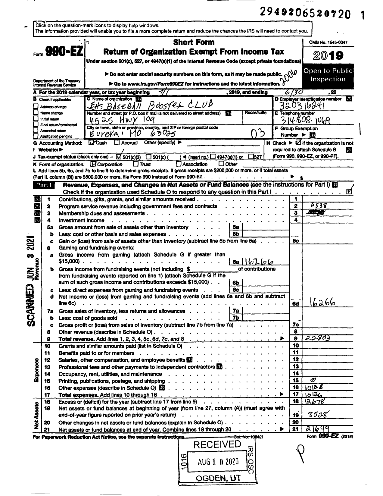 Image of first page of 2019 Form 990EZ for Ehs Baseball Booster Club