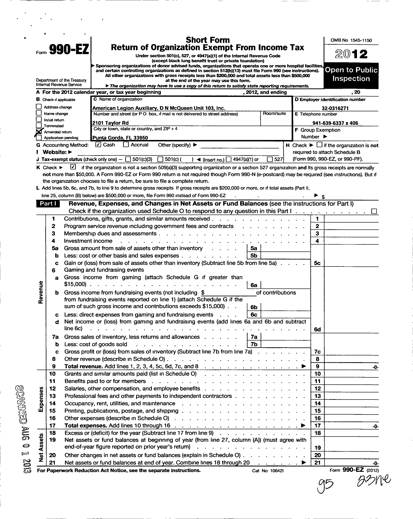 Image of first page of 2012 Form 990EO for American Legion Auxiliary - 103 D N Mcqueen