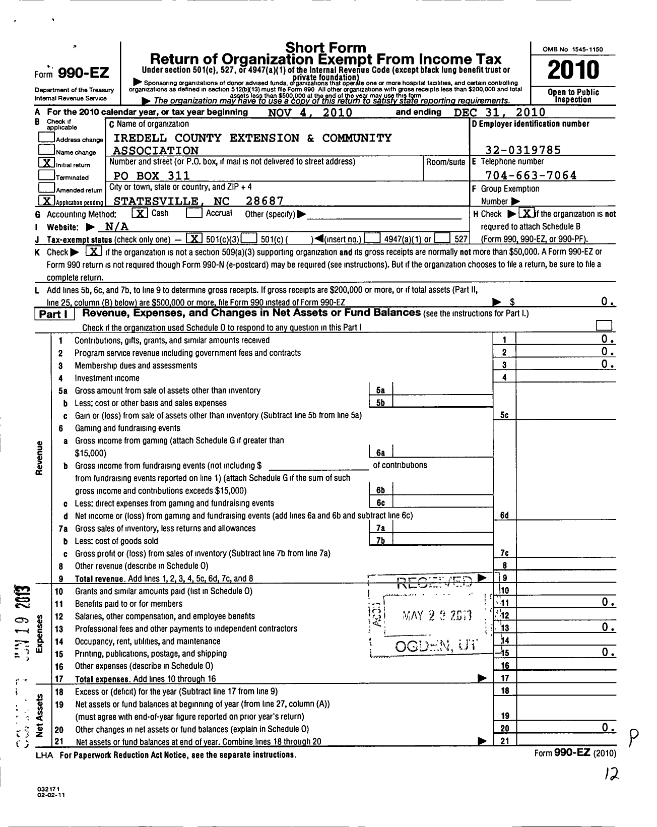 Image of first page of 2010 Form 990EZ for Iredell County Extension and Community Associaton