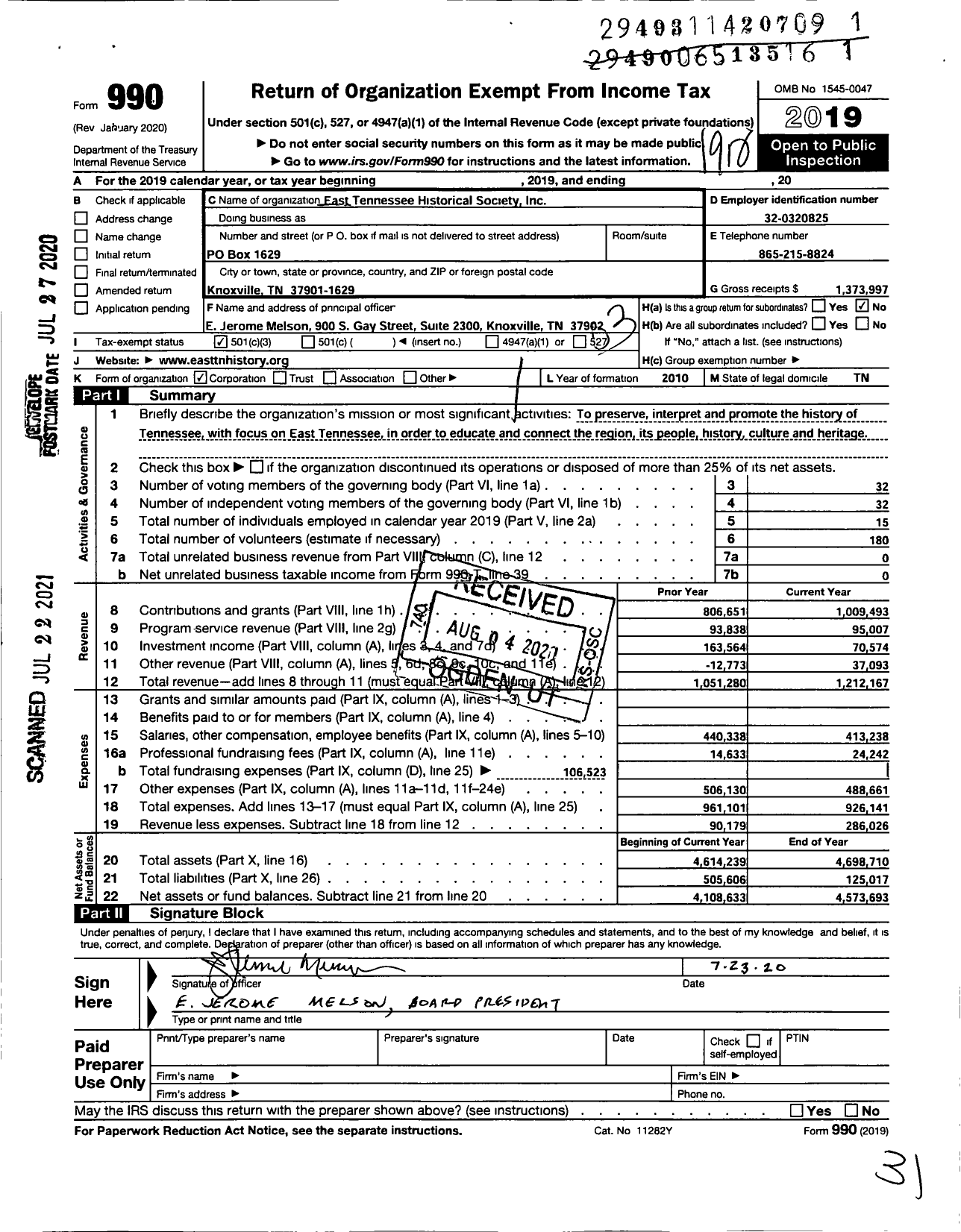 Image of first page of 2019 Form 990 for East Tennessee Historical Society