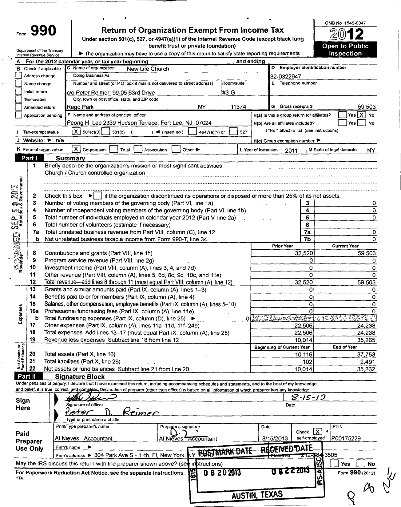 Image of first page of 2012 Form 990 for New Life Church