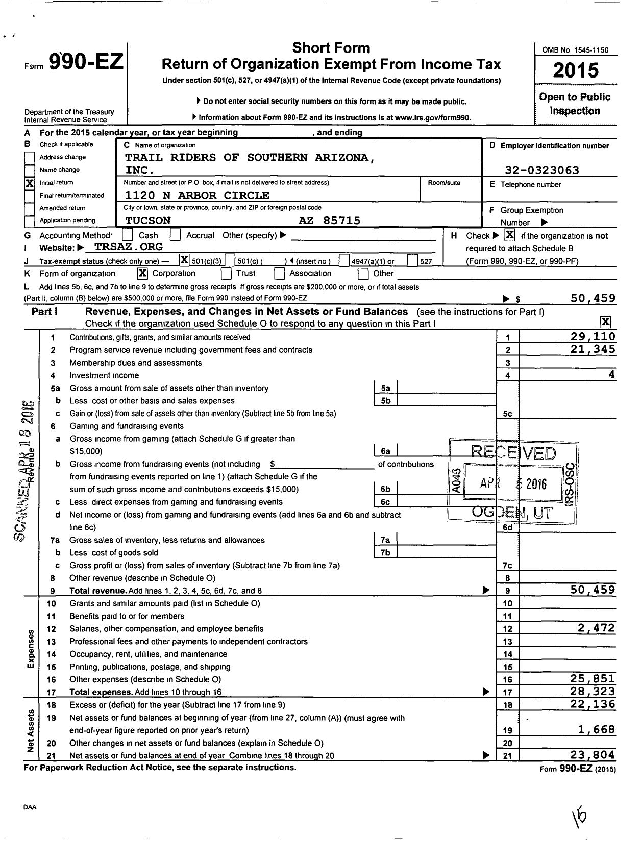 Image of first page of 2015 Form 990EZ for Trail Riders of Southern Arizona in