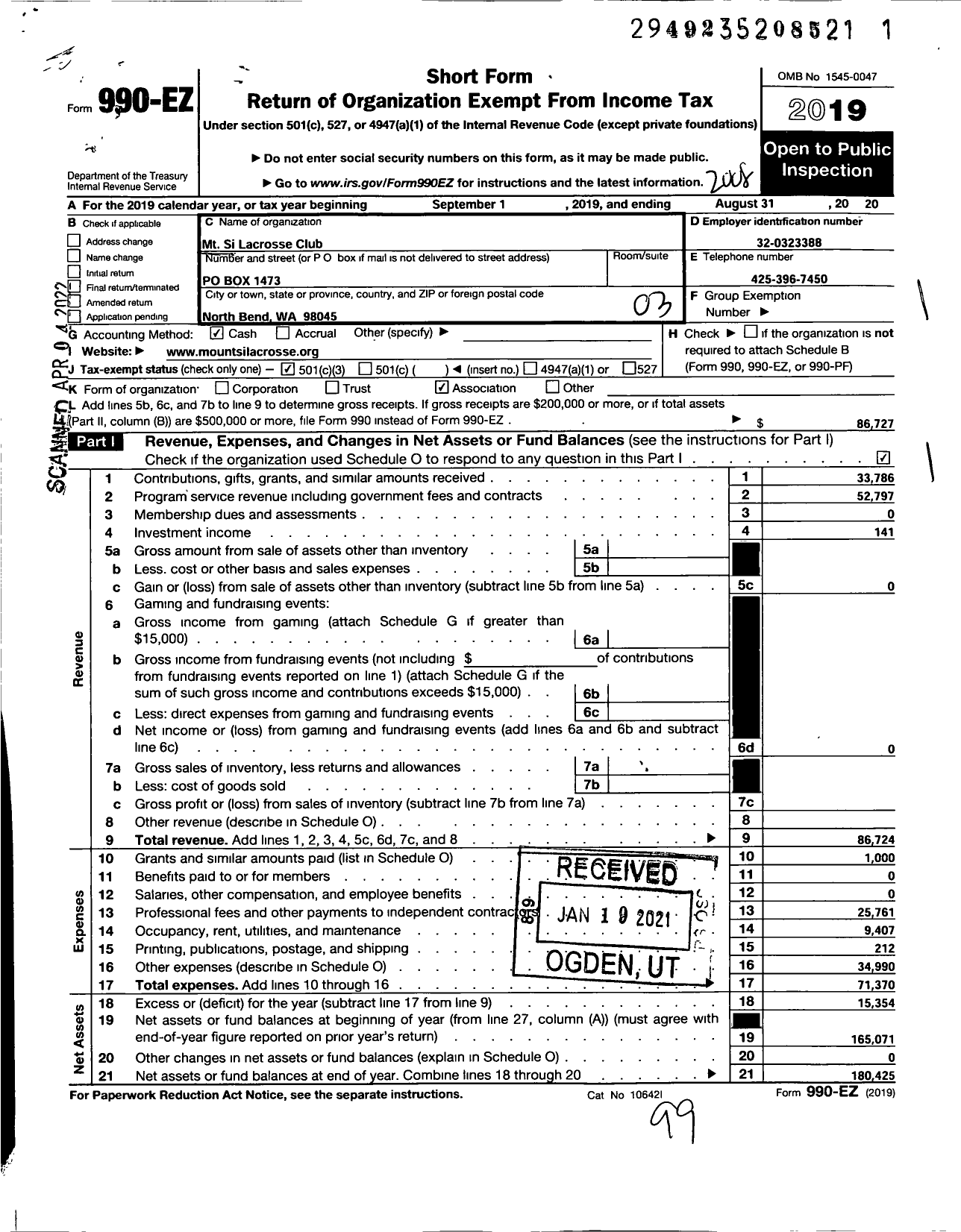 Image of first page of 2019 Form 990EZ for MT Si Lacrosse Club
