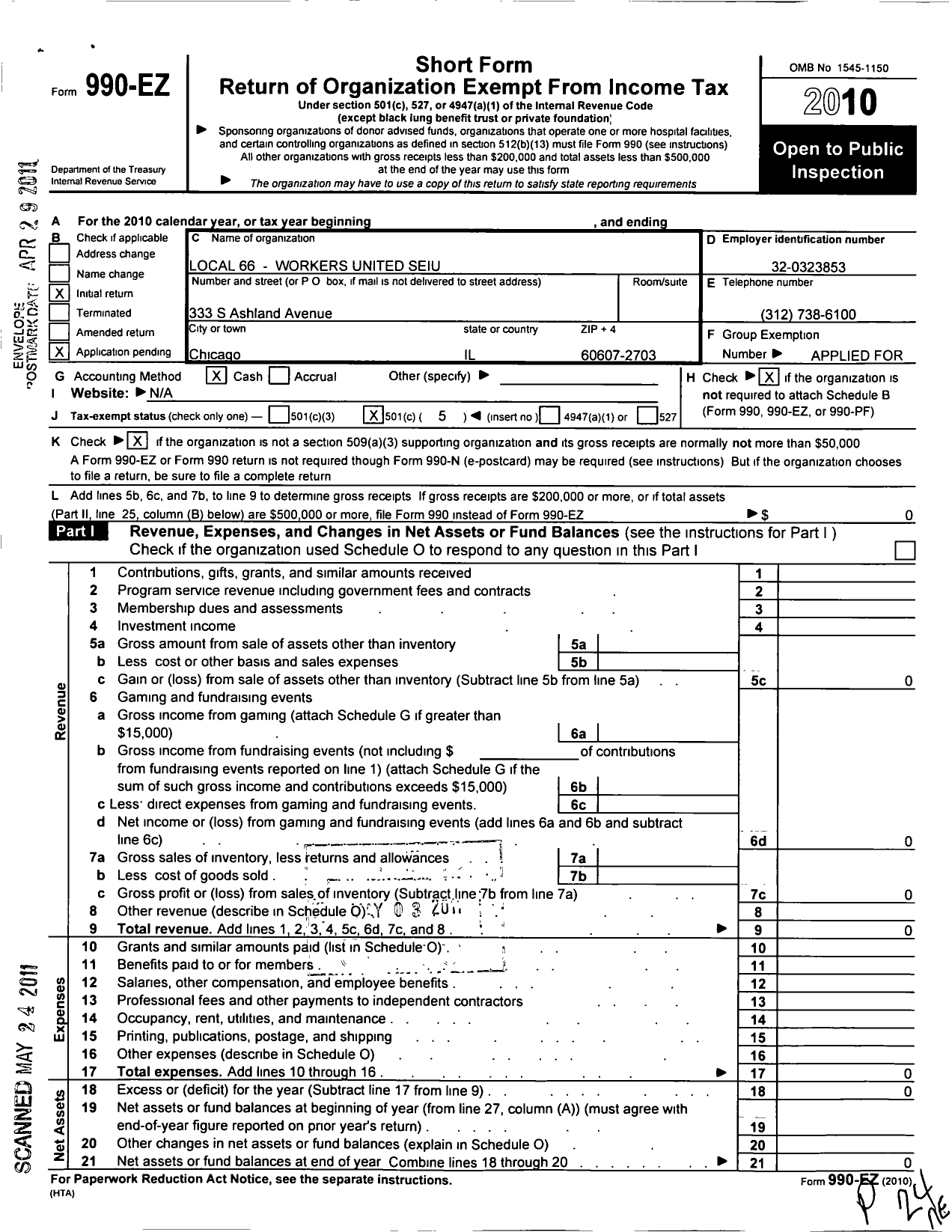 Image of first page of 2010 Form 990EO for Workers United - 66 Local