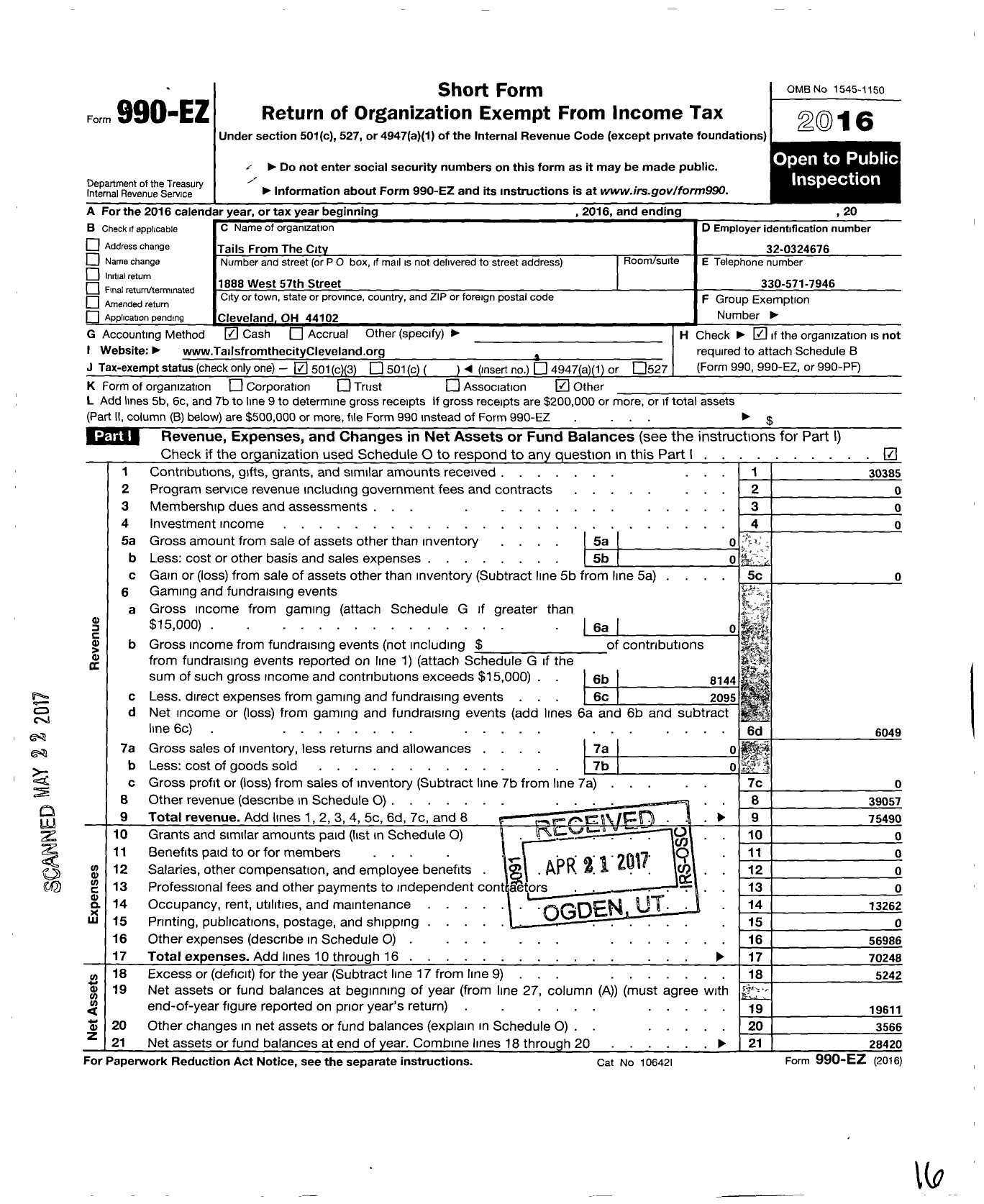 Image of first page of 2016 Form 990EZ for Tails From the City