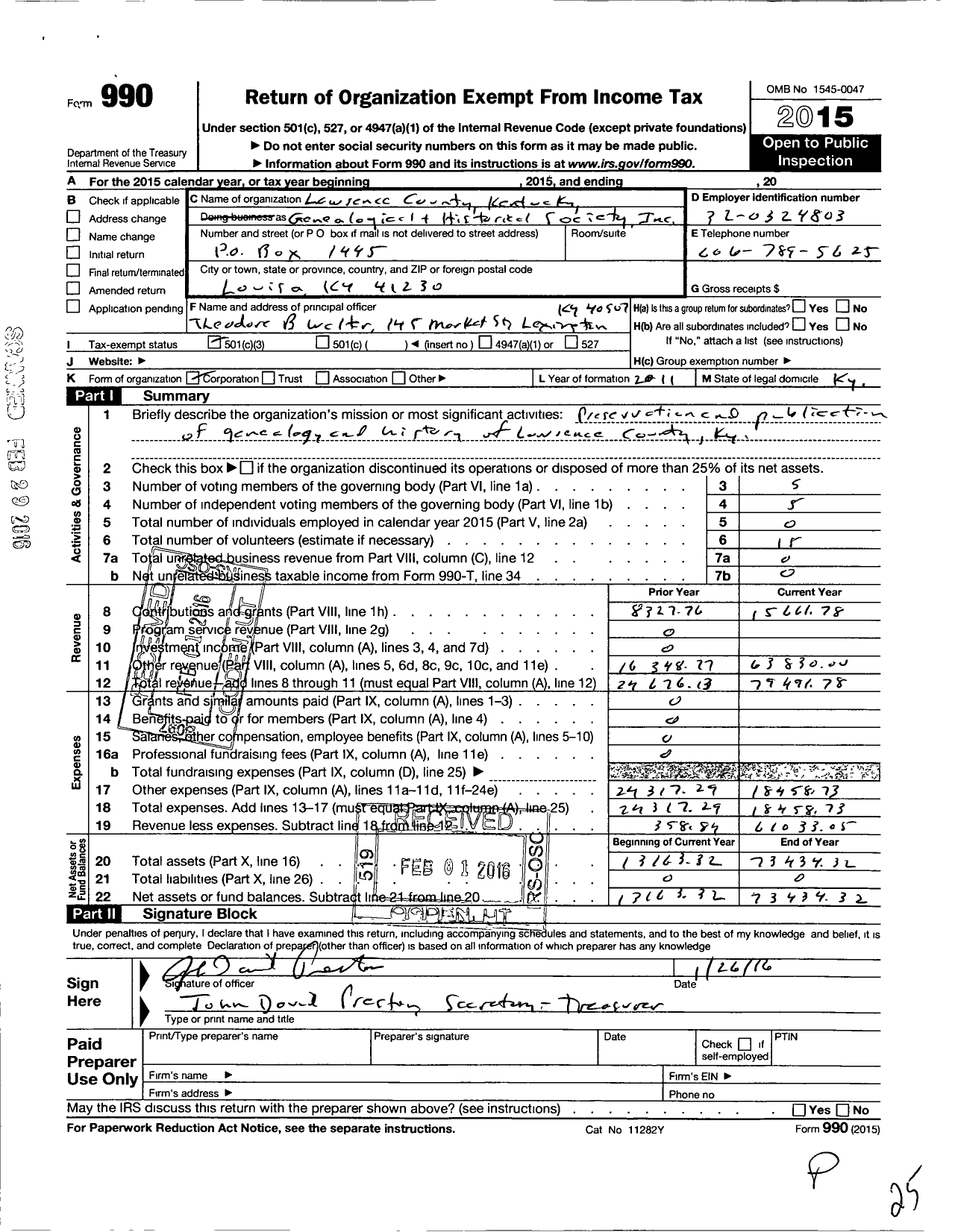Image of first page of 2015 Form 990 for Lawrence County Kentucky Genealogical and Historical Society