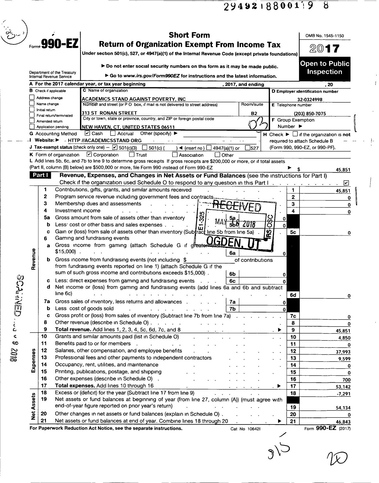 Image of first page of 2017 Form 990EZ for Academics Stand Against Poverty