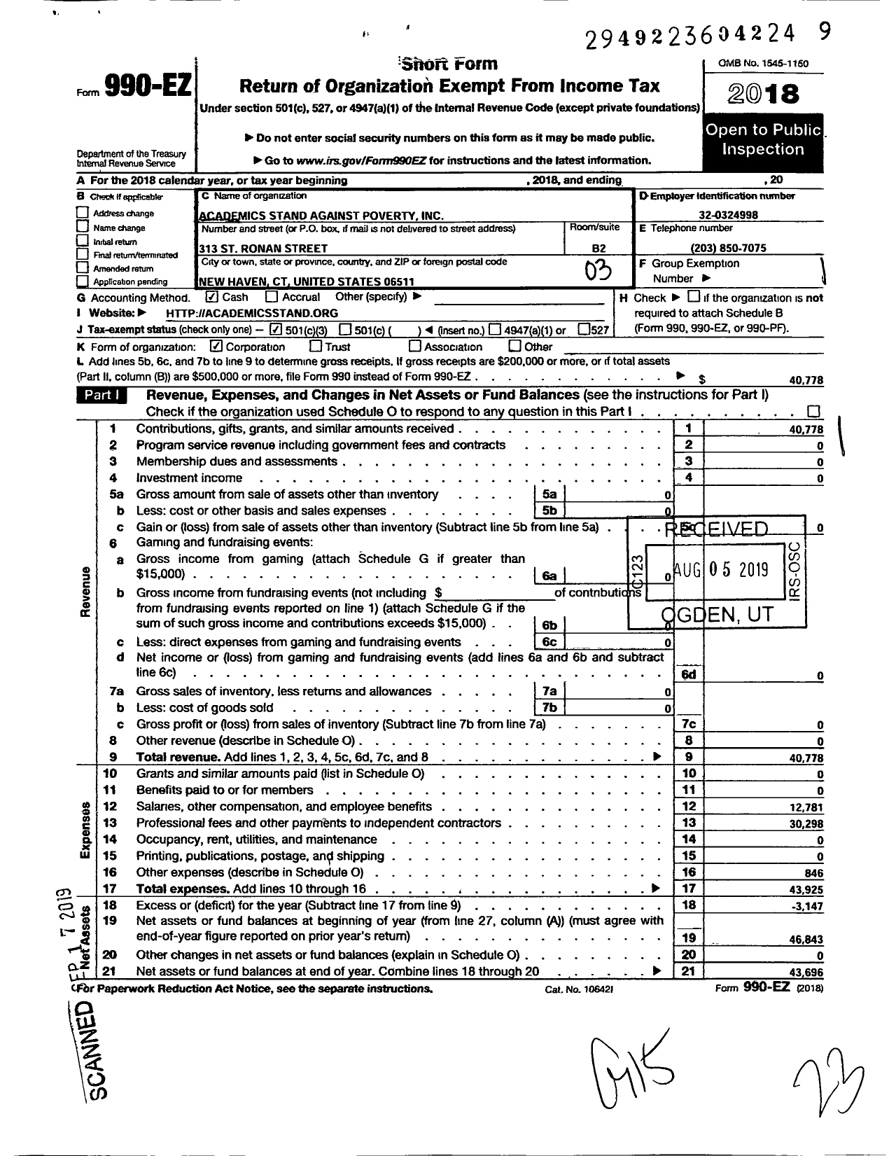 Image of first page of 2018 Form 990EZ for Academics Stand Against Poverty