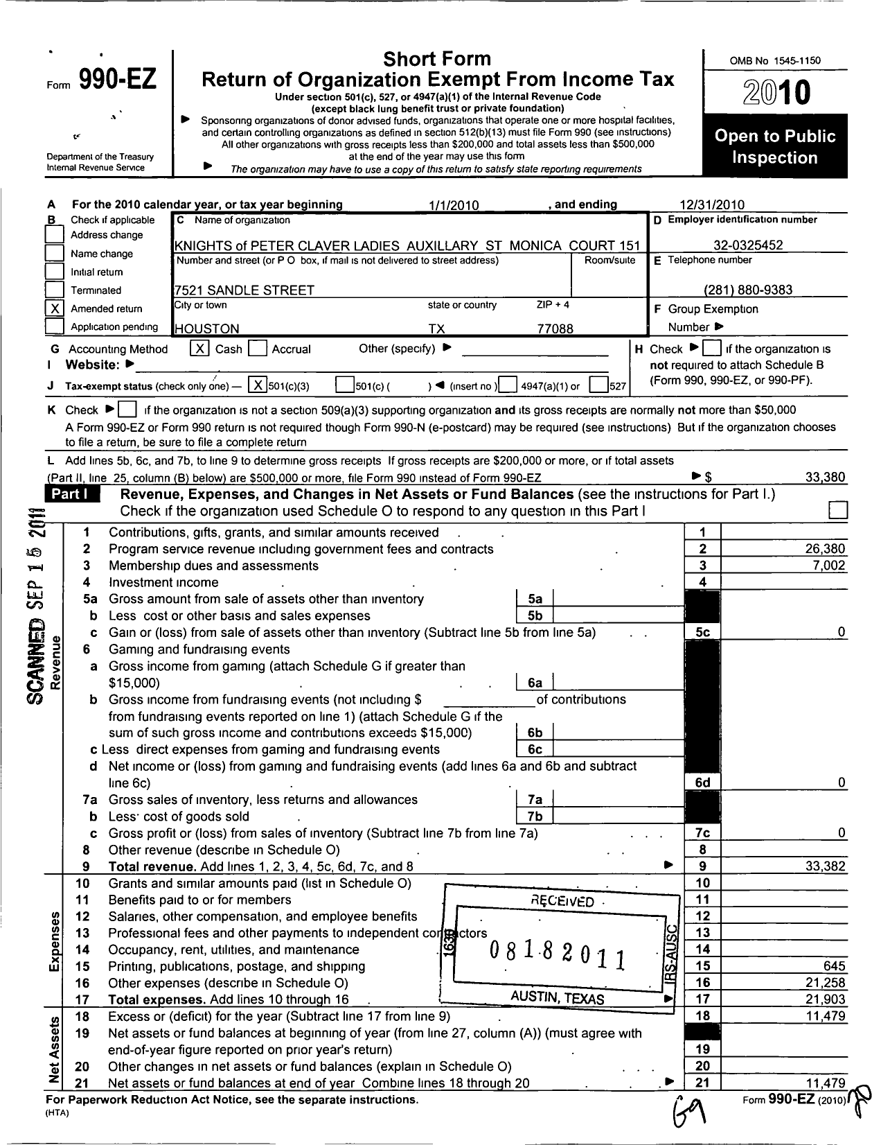 Image of first page of 2010 Form 990EZ for Knights of Peter Claver - 151 St Monica CT Ladies Auxiliary