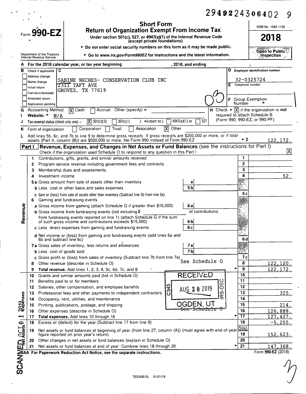 Image of first page of 2018 Form 990EZ for Sabine Neches- Conservation Club