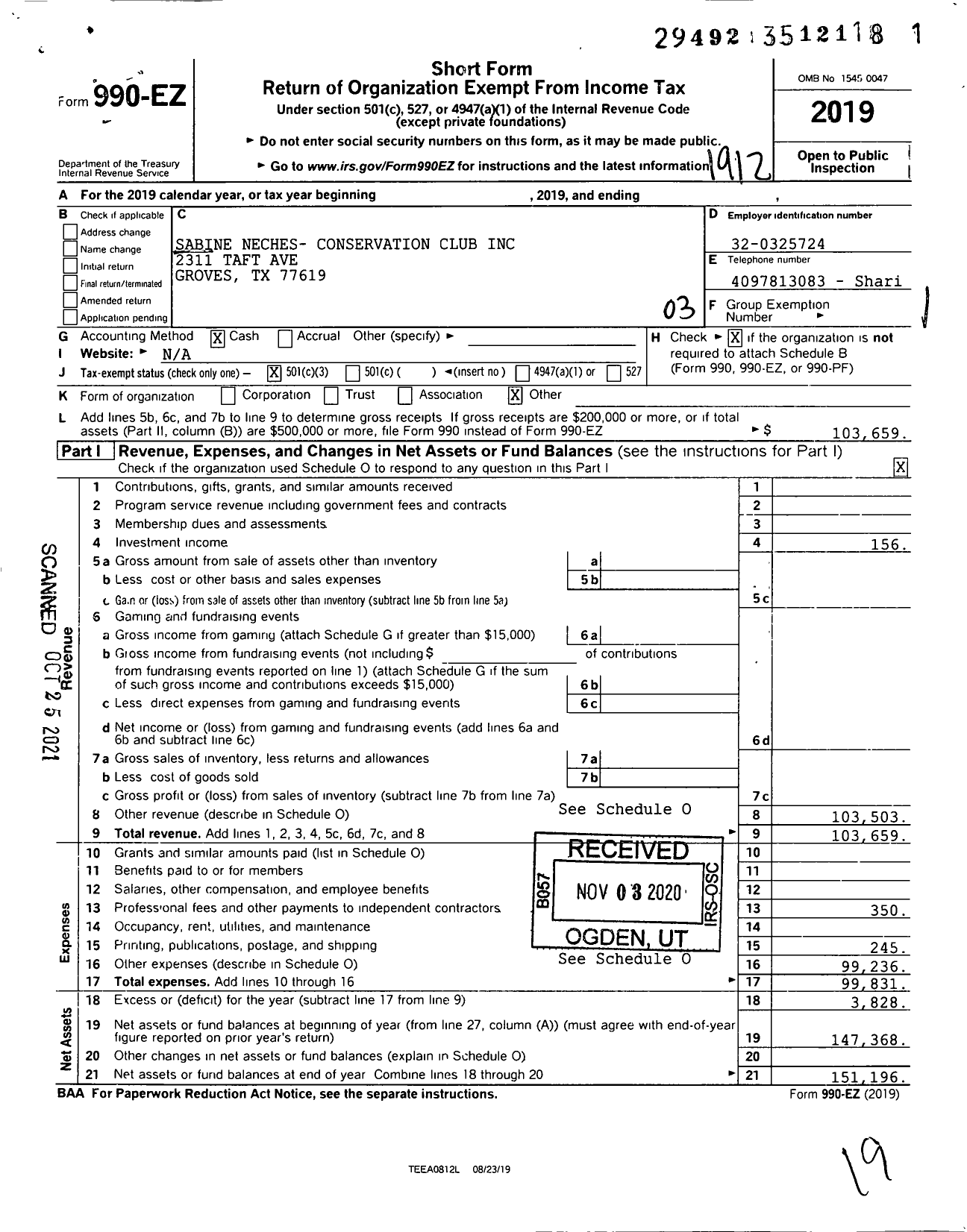 Image of first page of 2019 Form 990EZ for Sabine Neches- Conservation Club