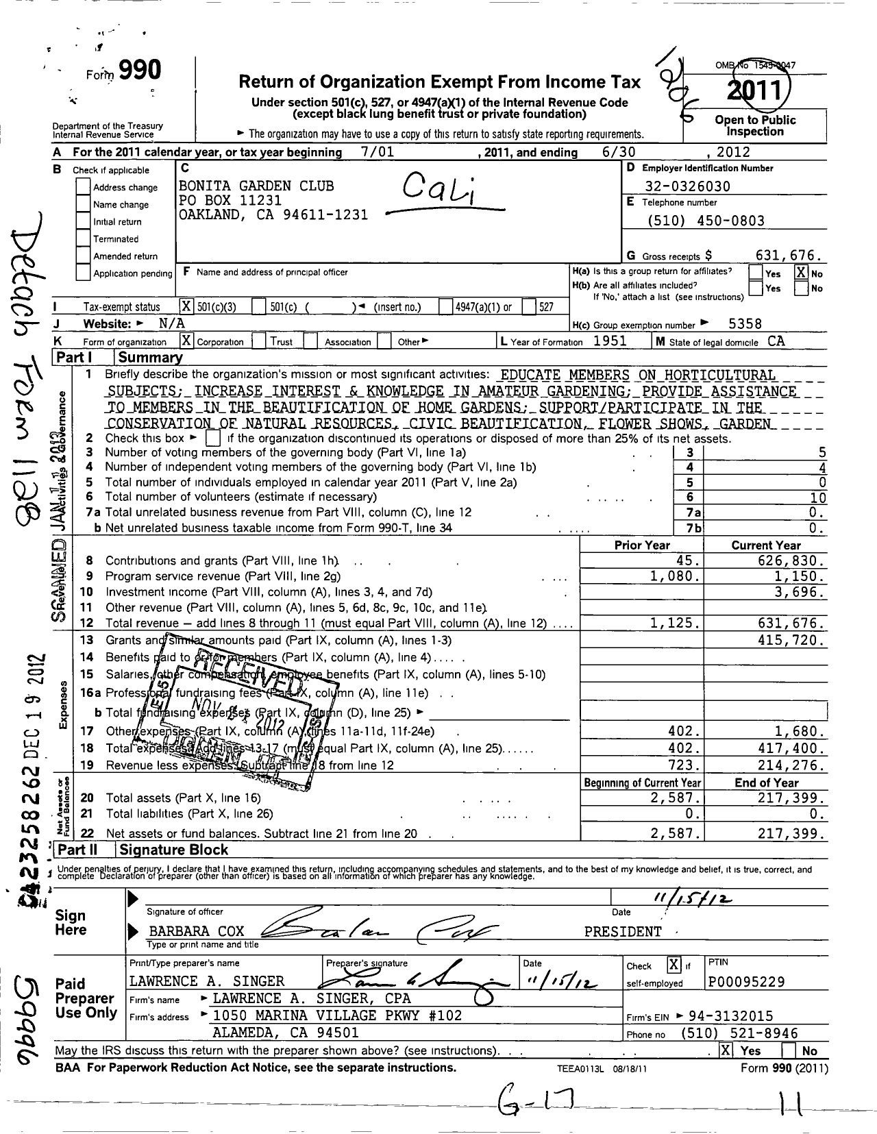 Image of first page of 2011 Form 990 for Bonita Garden Club