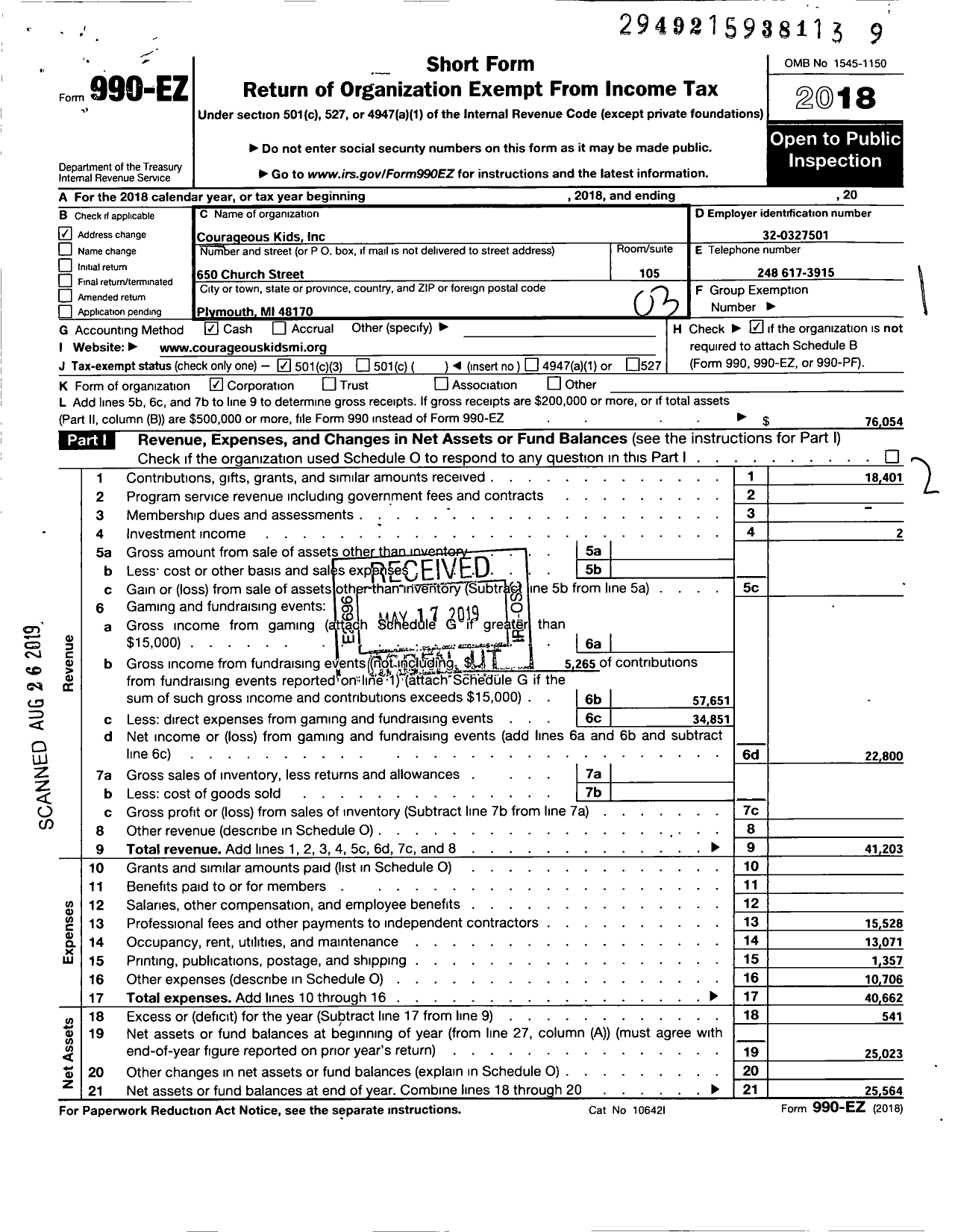 Image of first page of 2018 Form 990EZ for Courageous Kids