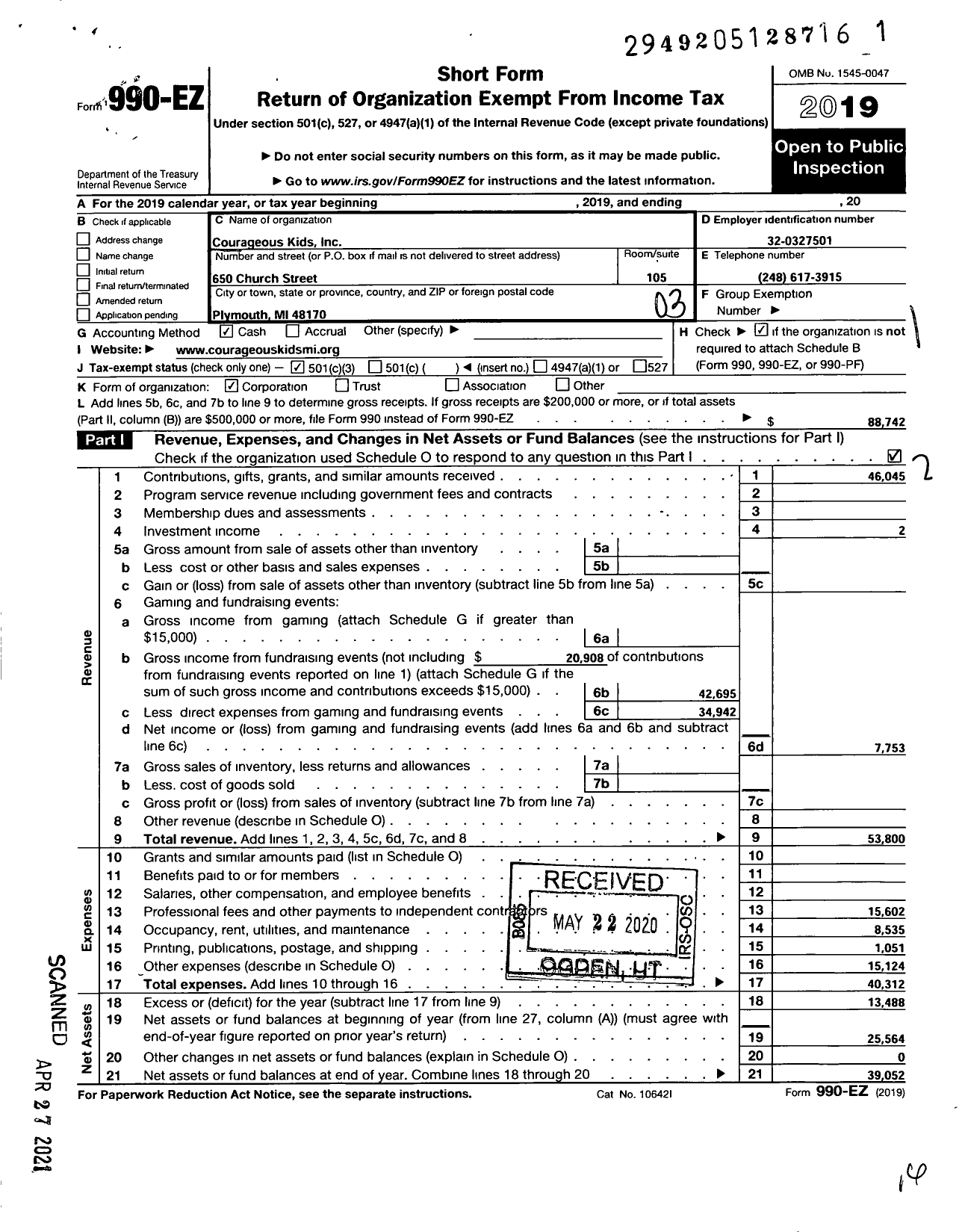 Image of first page of 2019 Form 990EZ for Courageous Kids