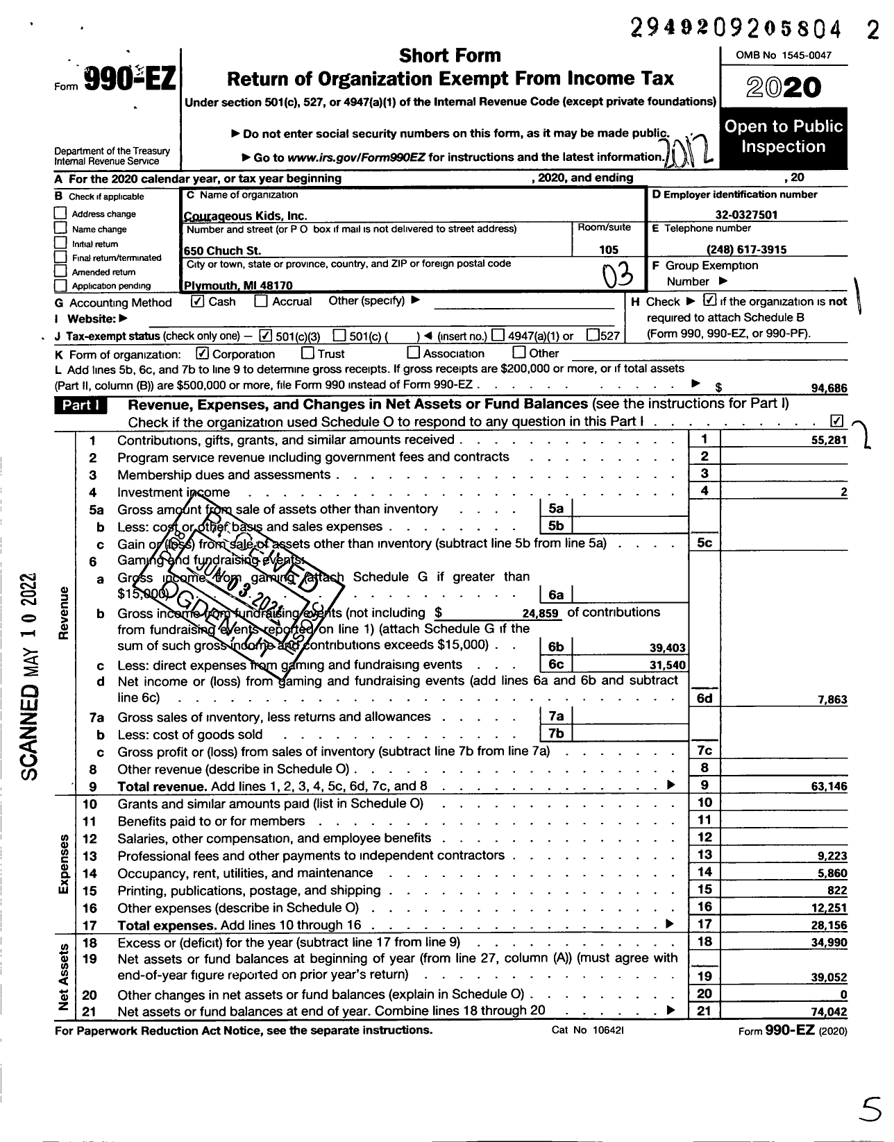 Image of first page of 2020 Form 990EZ for Courageous Kids