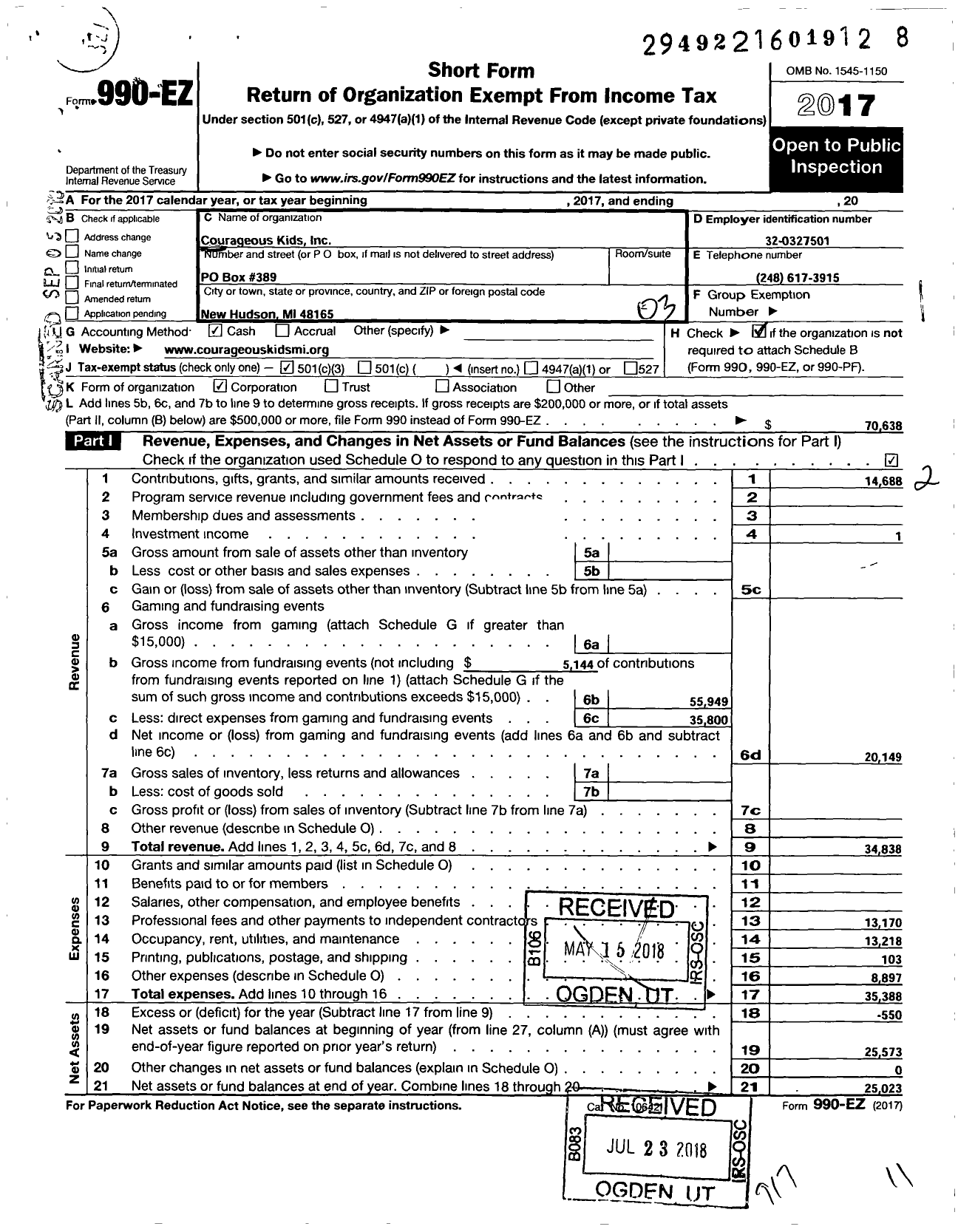 Image of first page of 2017 Form 990EZ for Courageous Kids