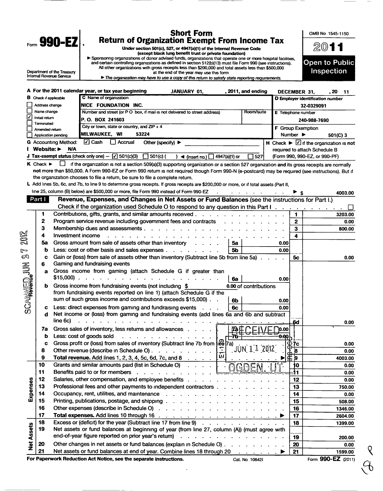 Image of first page of 2011 Form 990EZ for Nice Foundation