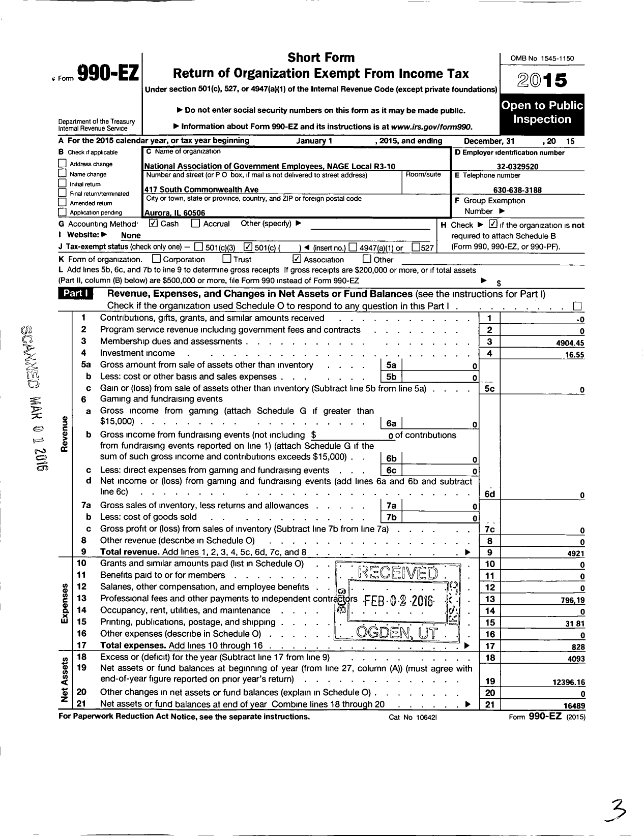 Image of first page of 2015 Form 990EO for National Association of Government Employees / R3-10 Nage Local