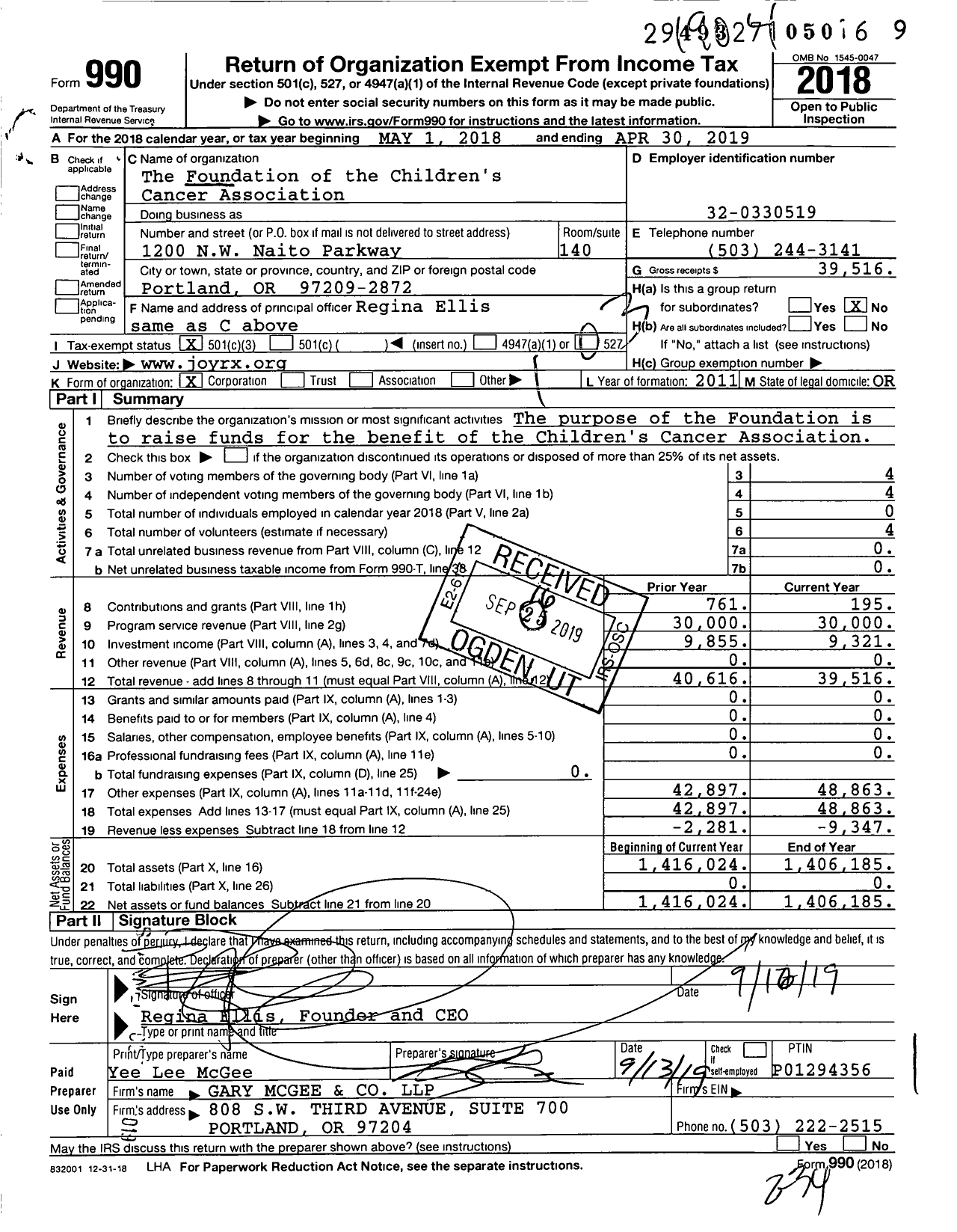 Image of first page of 2018 Form 990 for The Foundation of the Children's Cancer Association