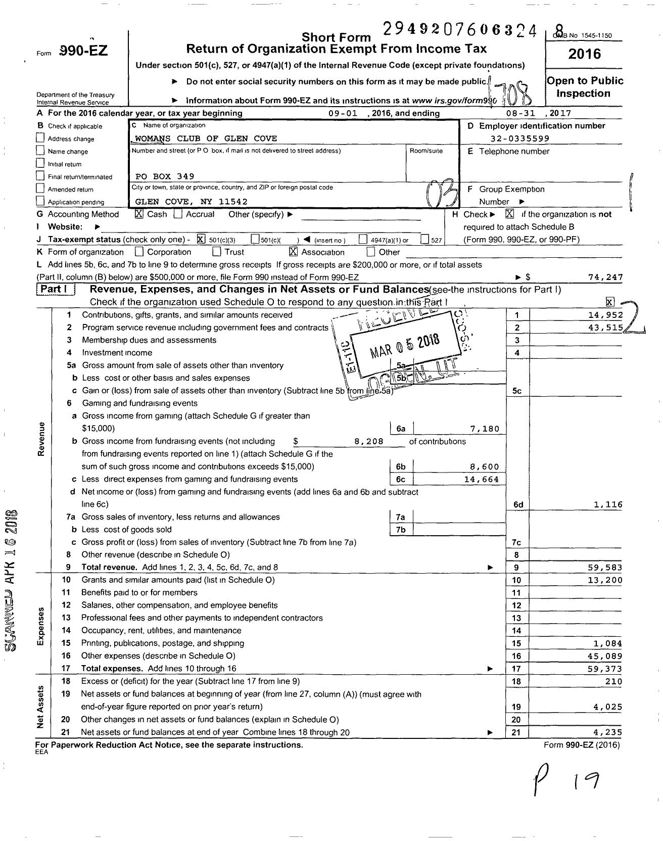 Image of first page of 2016 Form 990EZ for Womans Club of Glen Cove