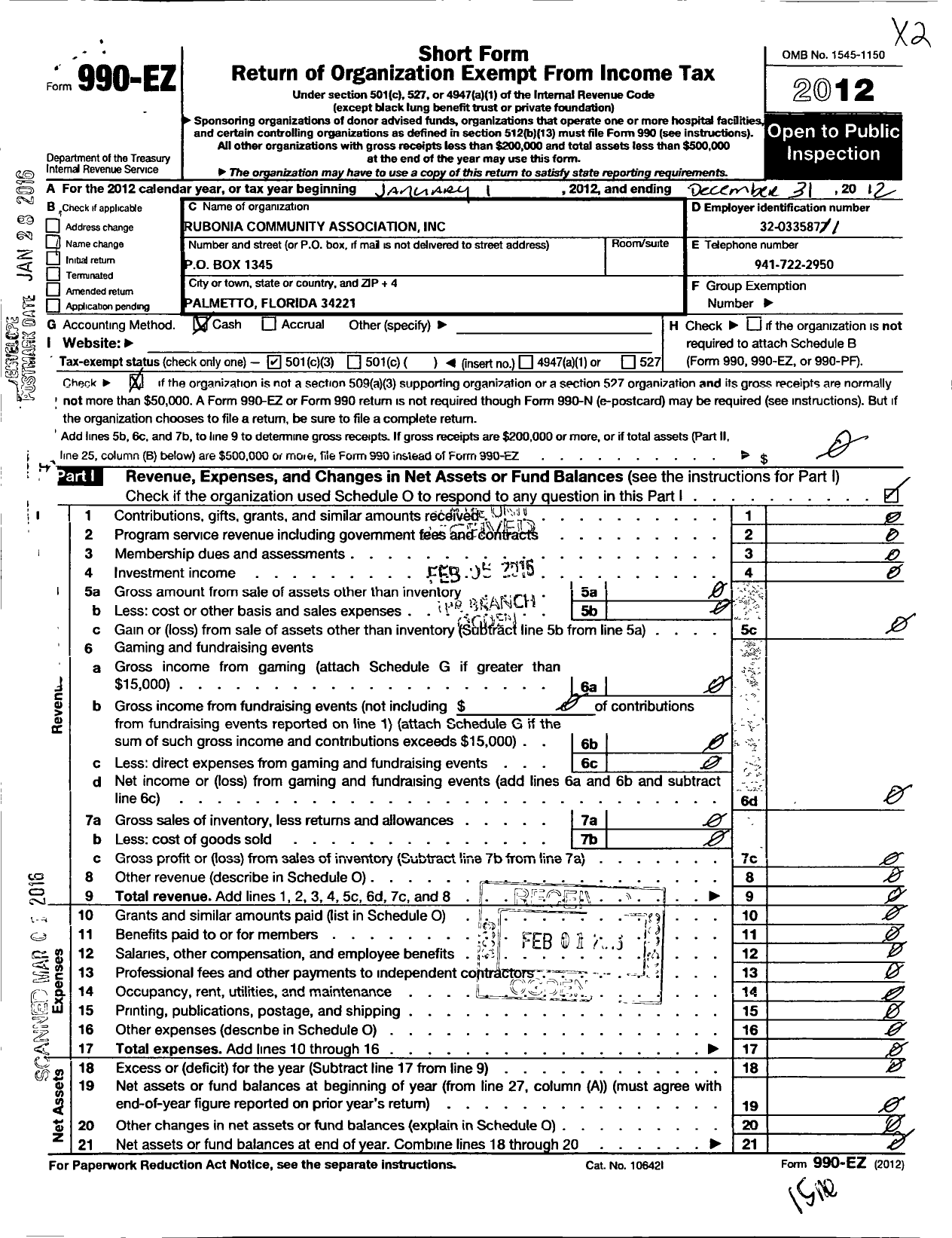 Image of first page of 2012 Form 990EZ for Rubonia Community Association