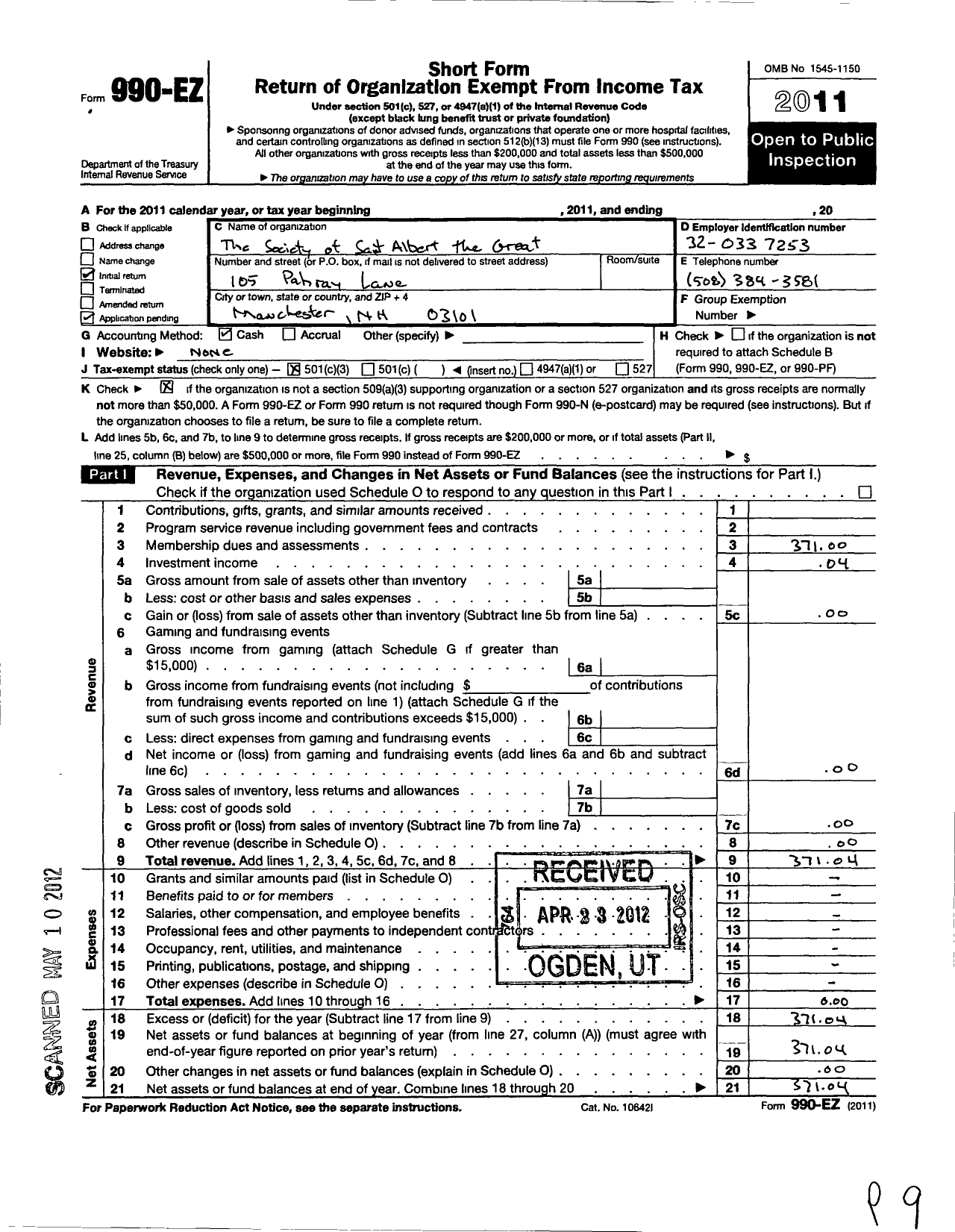 Image of first page of 2011 Form 990EZ for Society of Albert the Great