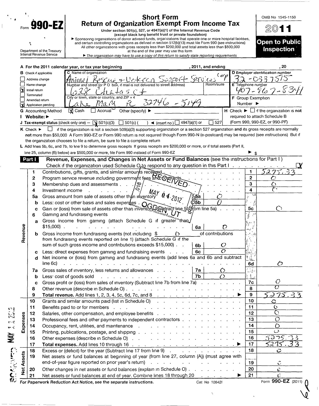 Image of first page of 2011 Form 990EZ for Animal Rescue and Veteran Support Services Corporation