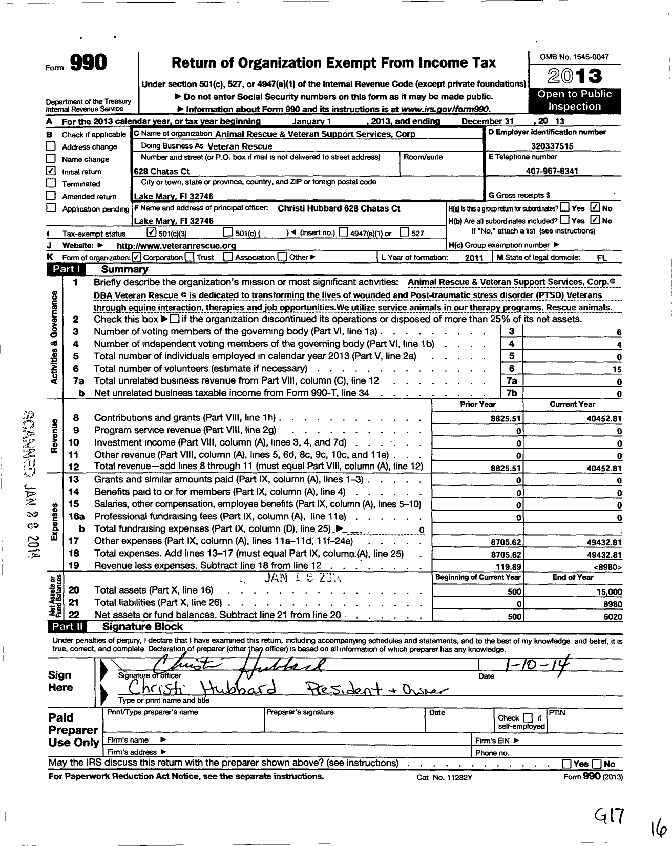 Image of first page of 2013 Form 990 for Animal Rescue and Veteran Support Services Corporation