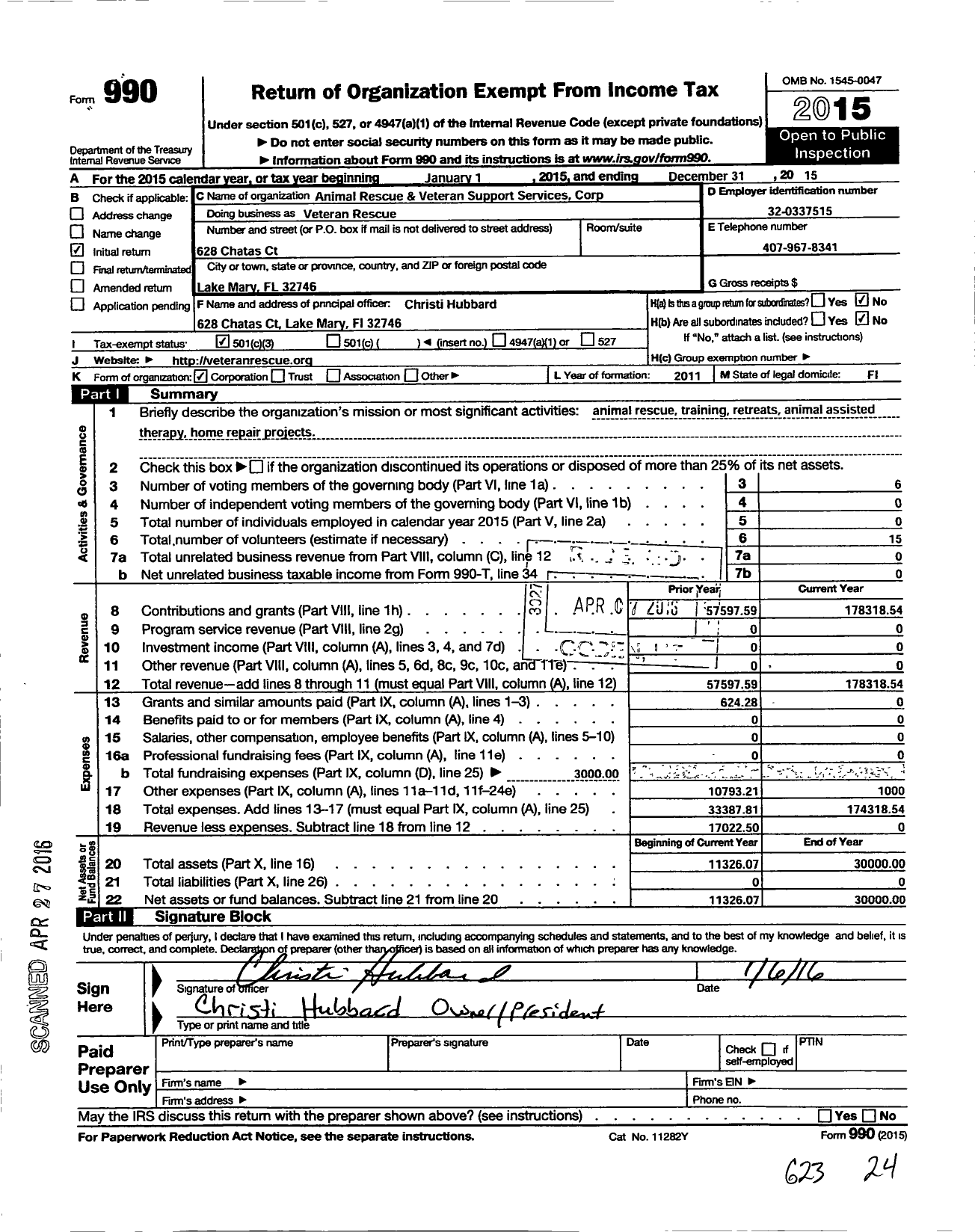 Image of first page of 2015 Form 990 for Animal Rescue and Veteran Support Services Corporation