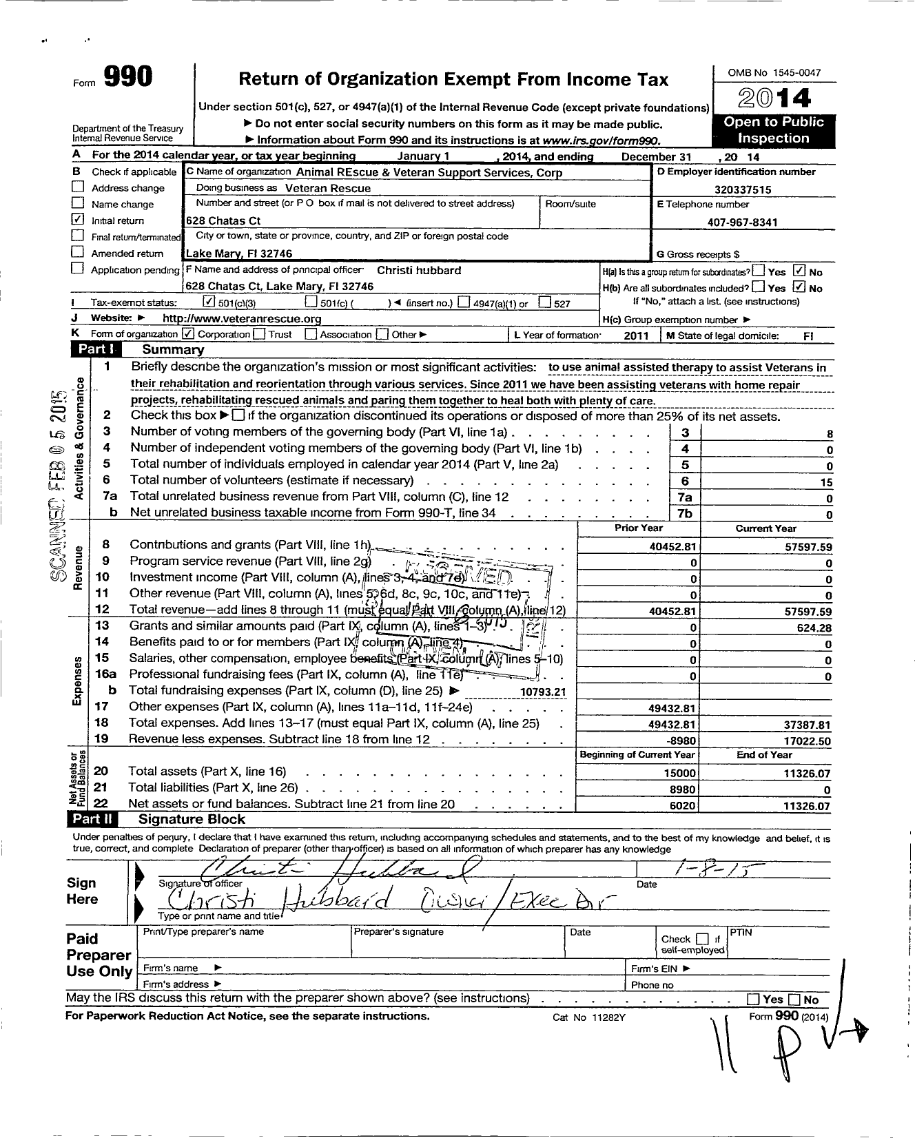 Image of first page of 2014 Form 990 for Animal Rescue and Veteran Support Services Corporation