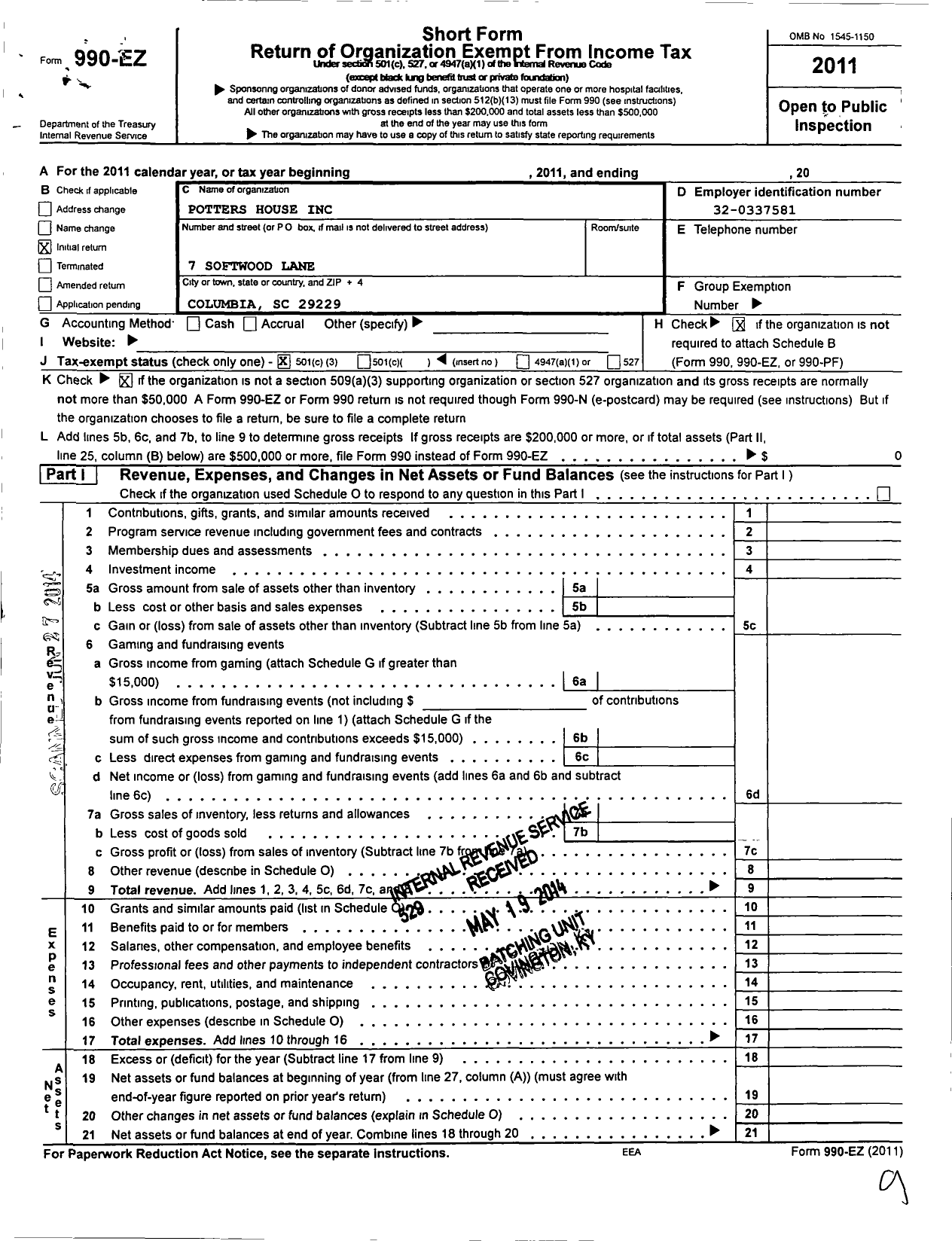 Image of first page of 2011 Form 990EZ for Potters House Community Development